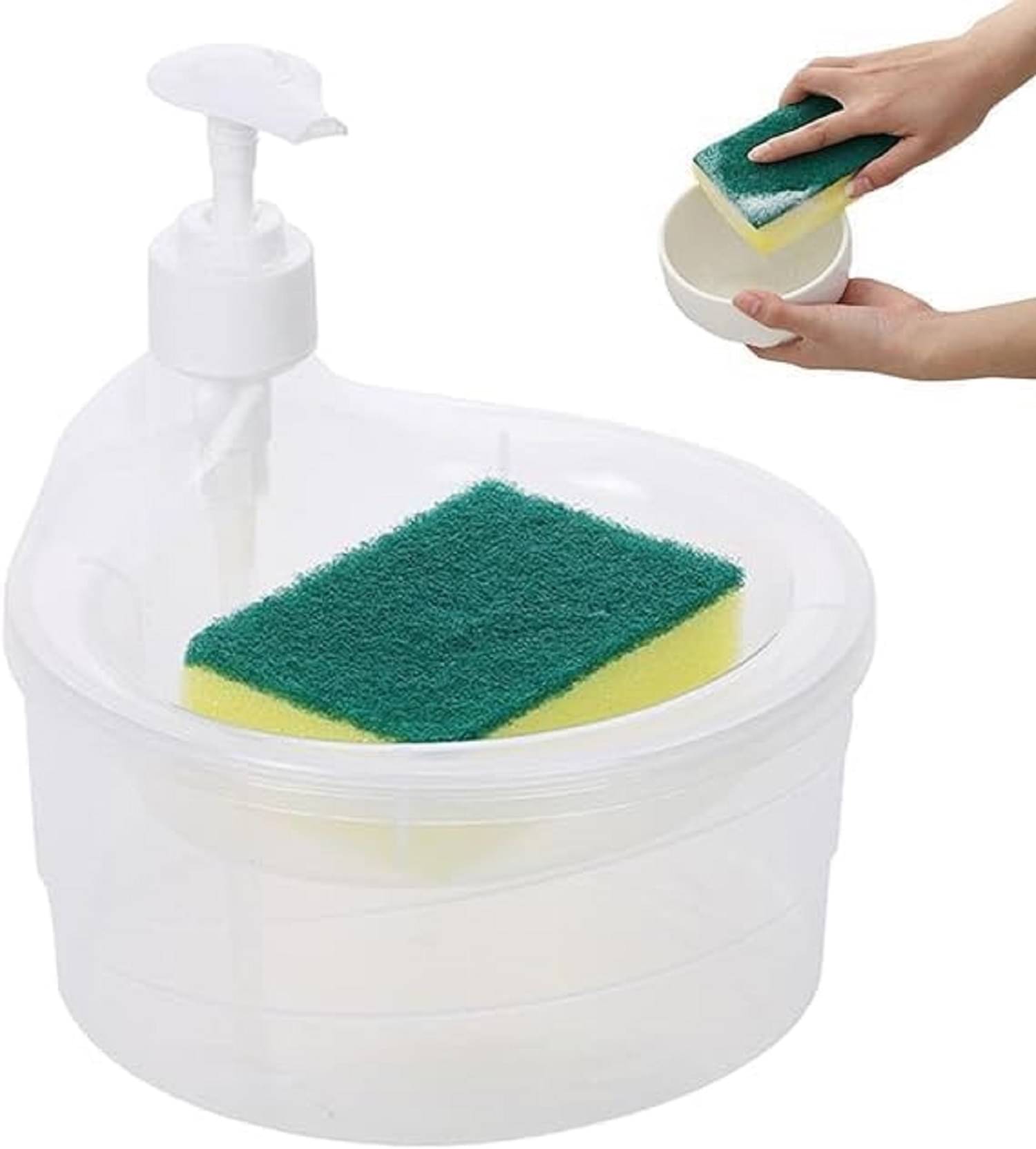     			2 in 1 Double Layer Circle Liquid soap Dispenser with Pump and Sponge Soap Scrubber Holder Multifunctional Dishwashing Container 1000ml Manual Sink Dish Washing