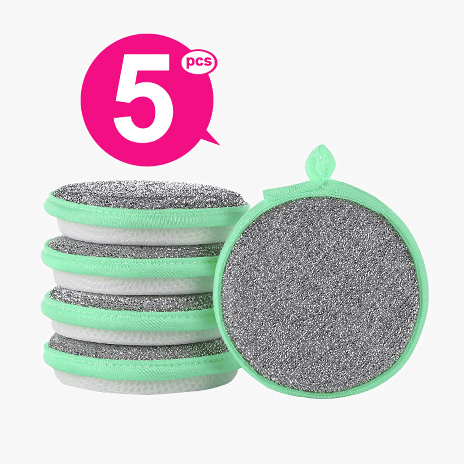     			5 Pcs Gentle Sponge with Tough Steel Double Layer Round 2-in-1 Premium Scrubber for Dishwashing Scrub Kitchen Utensils, Dishes, Cookware