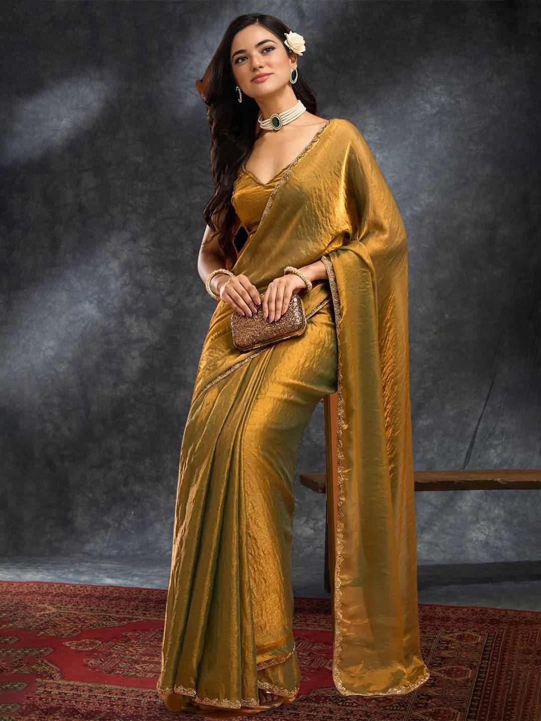 A TO Z CART Chiffon Solid Regular Saree With Unstitched Blouse Piece ( Gold ) A TO Z CART Chiffon Solid Regular Saree With Unstitched Blouse Piece ( Gold )