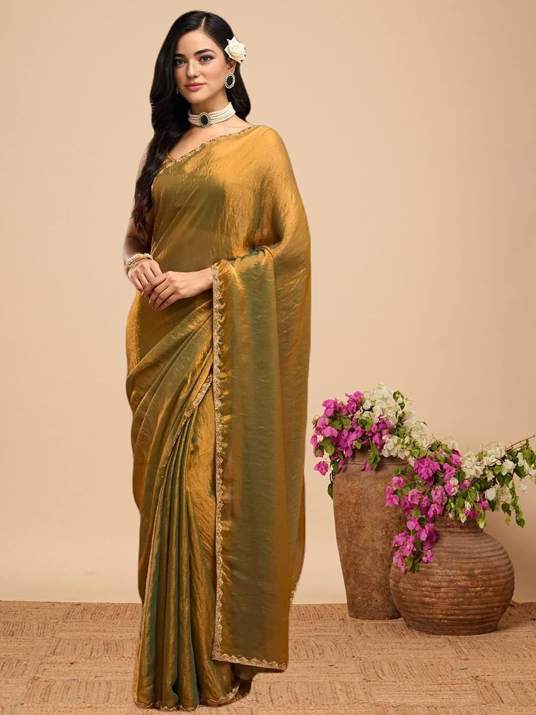     			A TO Z CART Chiffon Solid Regular Saree With Unstitched Blouse Piece ( Gold )