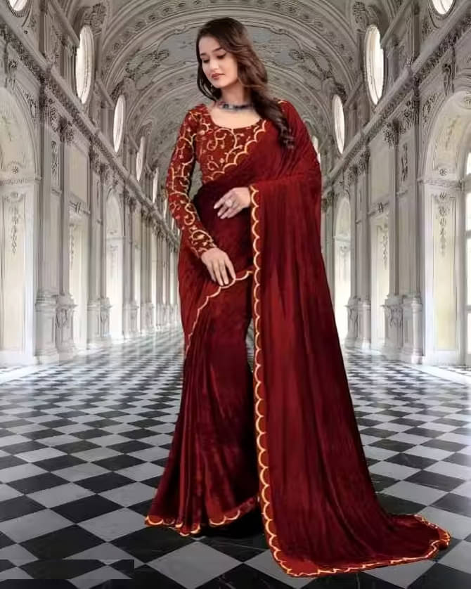     			A TO Z CART Velvet Solid Regular Saree With Unstitched Blouse Piece ( Maroon )