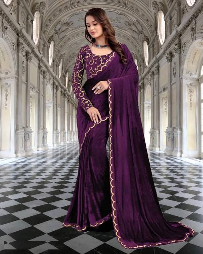     			A TO Z CART Velvet Solid Regular Saree With Unstitched Blouse Piece ( Wine )