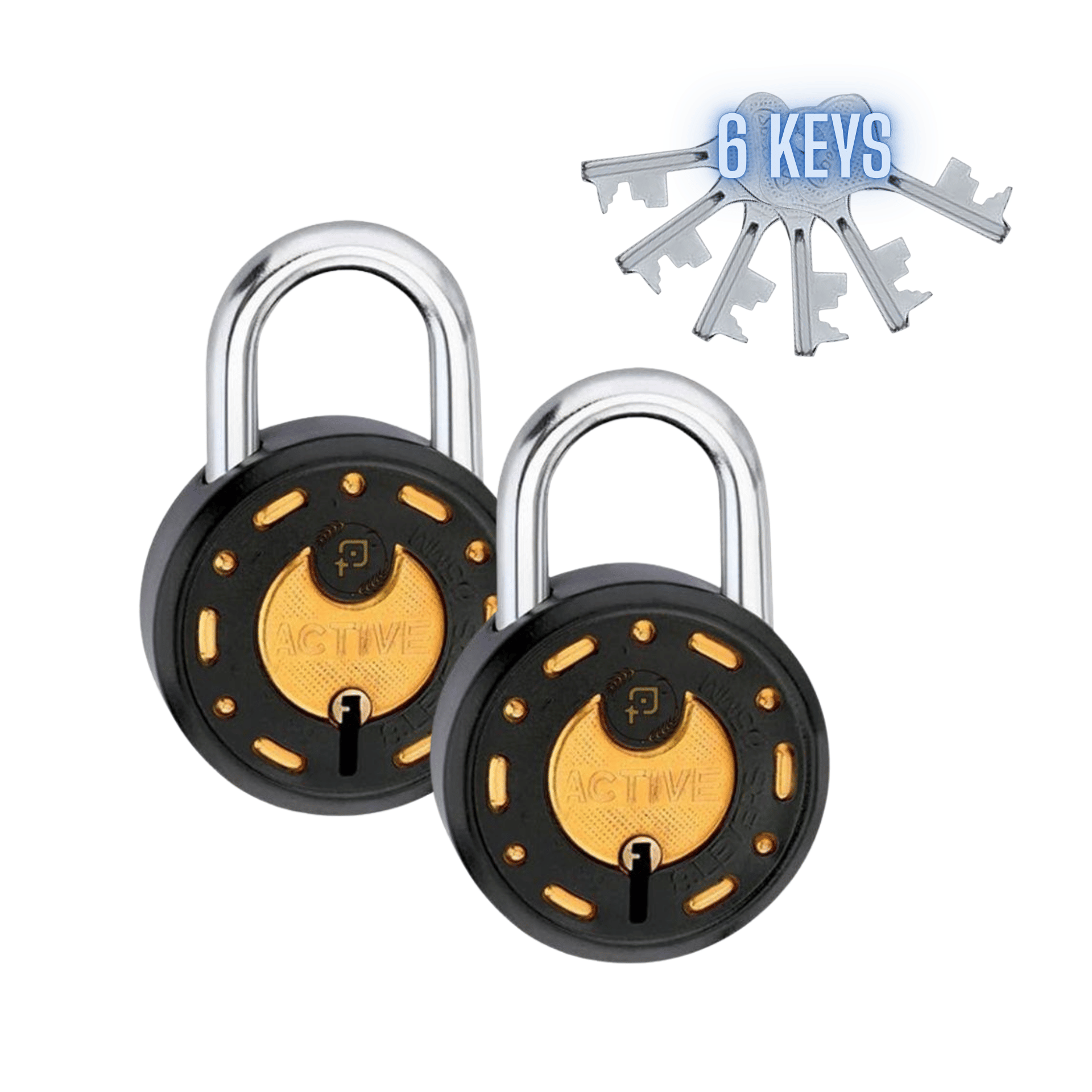     			Active Round Locks Small Size 50mm 6 Same Keys with 2 Padlocks | 7 Levers Double Locking | Lock and Keys for Home Door Shop Gate Office Locker, Black Gold Finish (Pack of 2