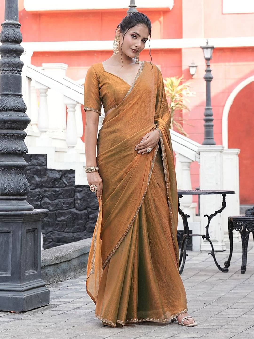 Aika Chiffon Solid Regular Saree With Unstitched Blouse Piece ( Gold ) Aika Chiffon Solid Regular Saree With Unstitched Blouse Piece ( Gold )