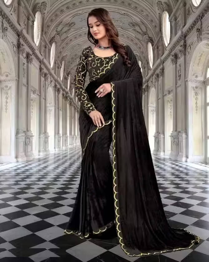Aika Velvet Solid Regular Saree With Unstitched Blouse Piece ( Black ) Aika Velvet Solid Regular Saree With Unstitched Blouse Piece ( Black )