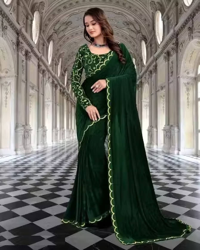 Apnisha Velvet Solid Regular Saree With Unstitched Blouse Piece ( Green ) Apnisha Velvet Solid Regular Saree With Unstitched Blouse Piece ( Green )