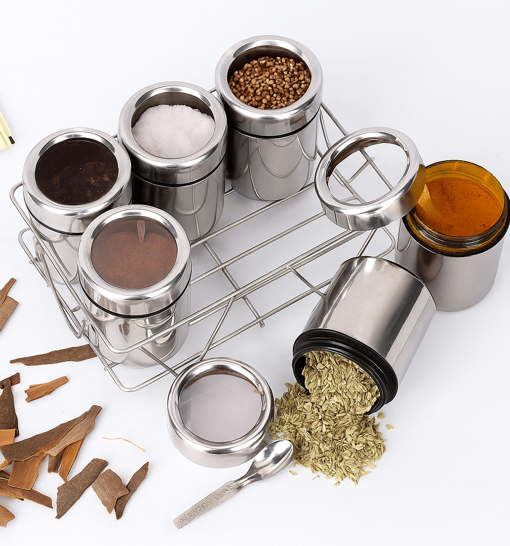 Aquasleri 6 Masala Container Steel Silver Spice Container ( Set of 6 ) Aquasleri 6 Masala Container Steel Silver Spice Container ( Set of 6 )