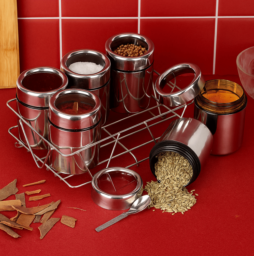 Aquasleri 6 Masala Container Steel Silver Spice Container ( Set of 6 ) Aquasleri 6 Masala Container Steel Silver Spice Container ( Set of 6 )