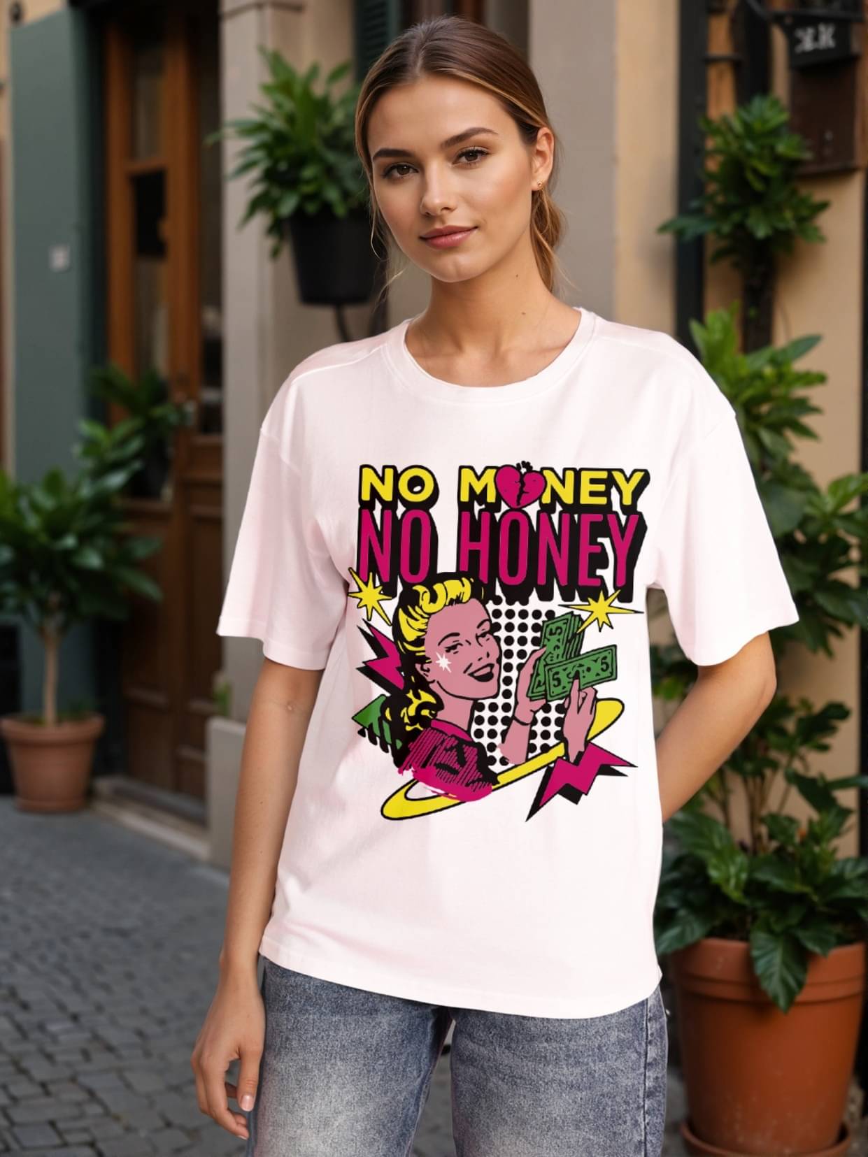     			Bene Kleed Women Cotton Printed Oversized Fit Round Neck T-Shirt ( White )