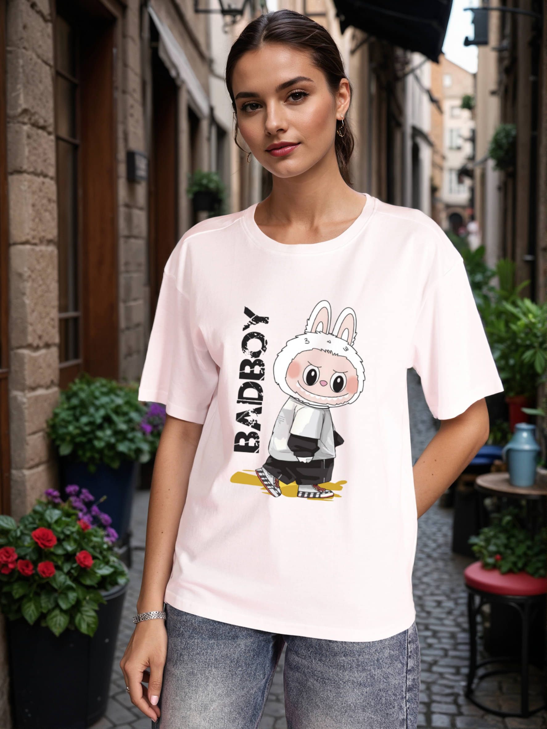     			Bene Kleed Women Cotton Printed Oversized Fit Round Neck T-Shirt ( White )
