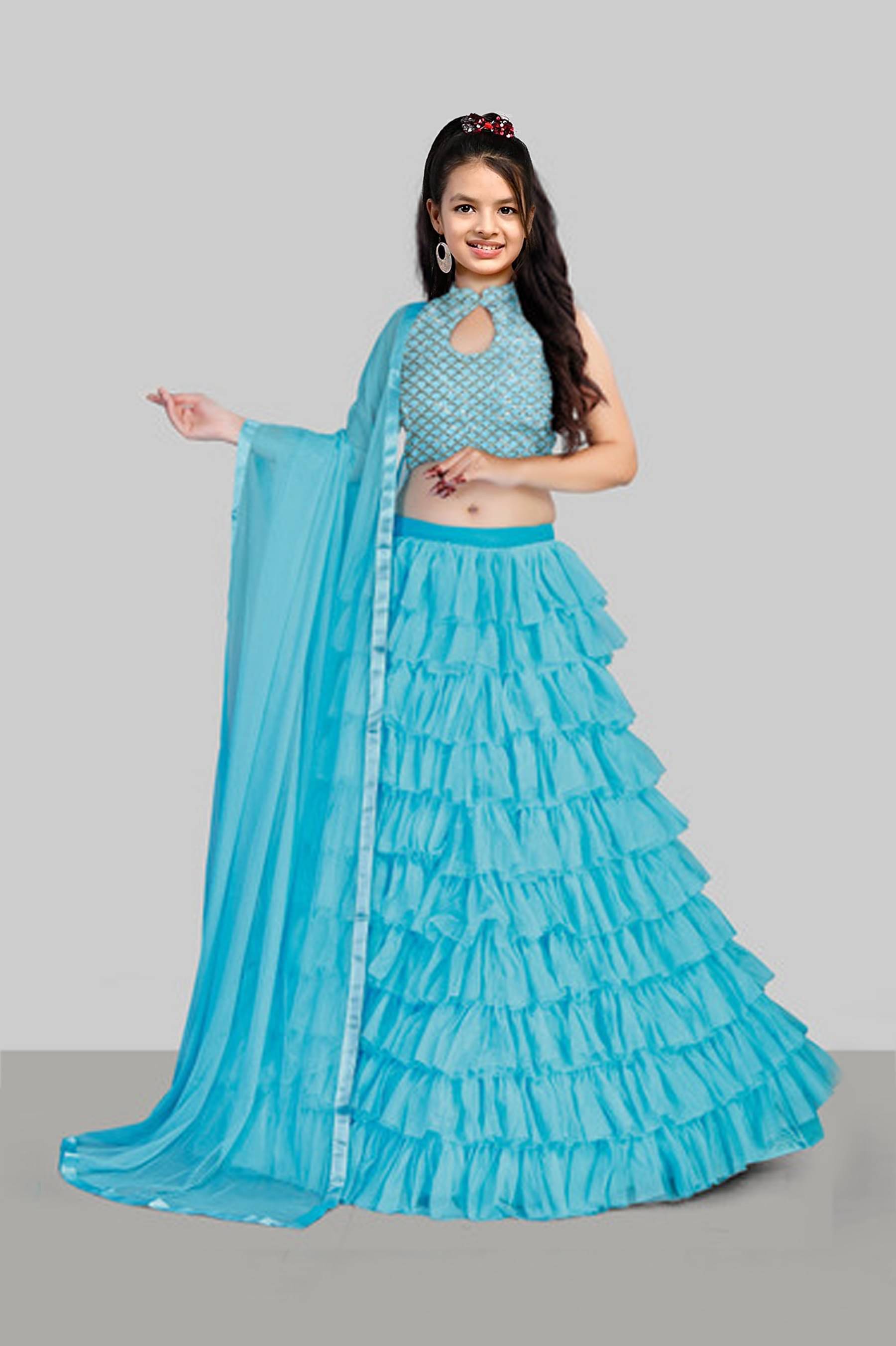     			D GLOBEMASTER Net Lehenga Choli Set For Girls ( Pack of 1 , Sky Blue )