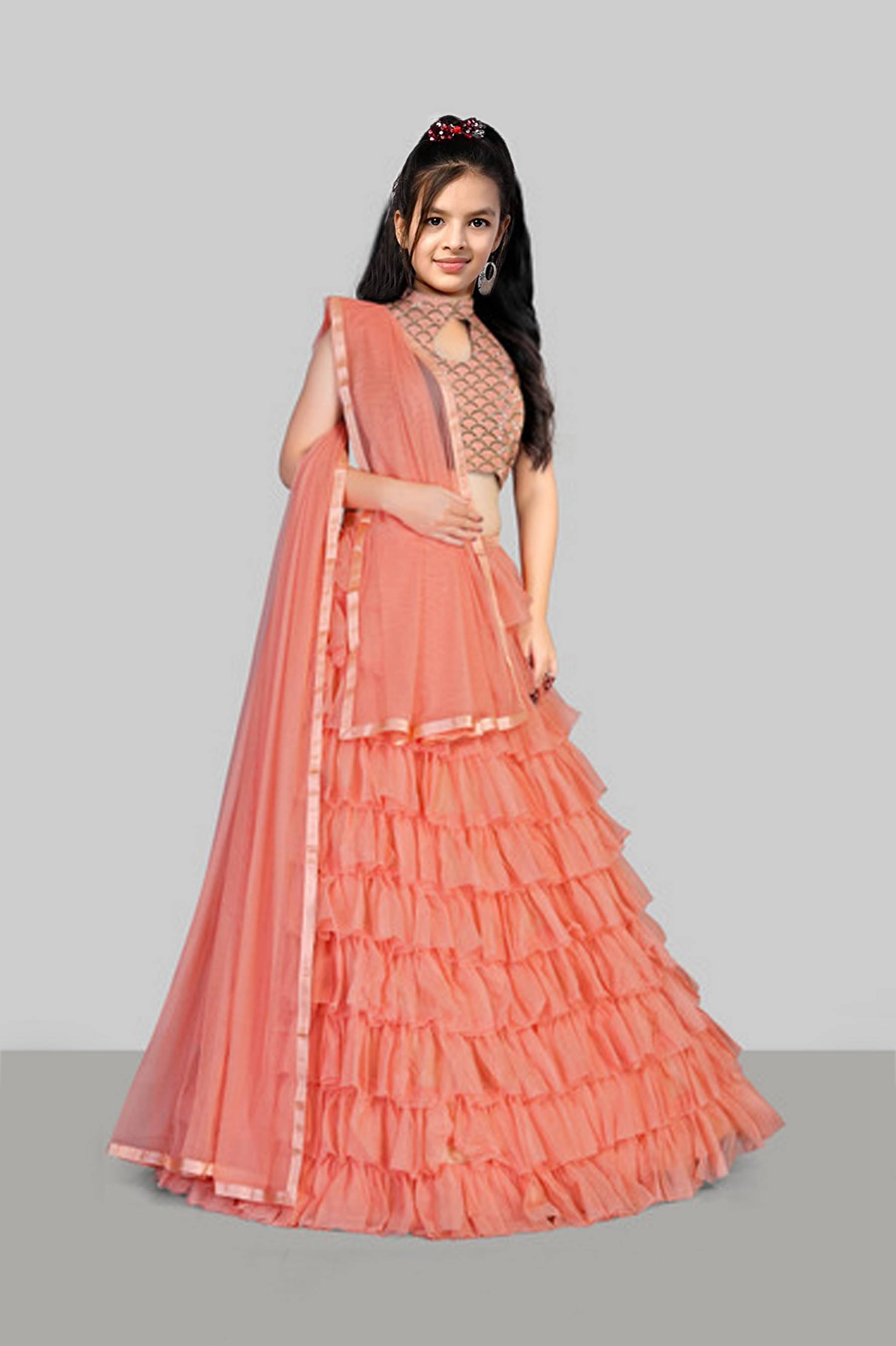     			D GLOBEMASTER Net Lehenga Choli Set For Girls ( Pack of 1 , Peach )