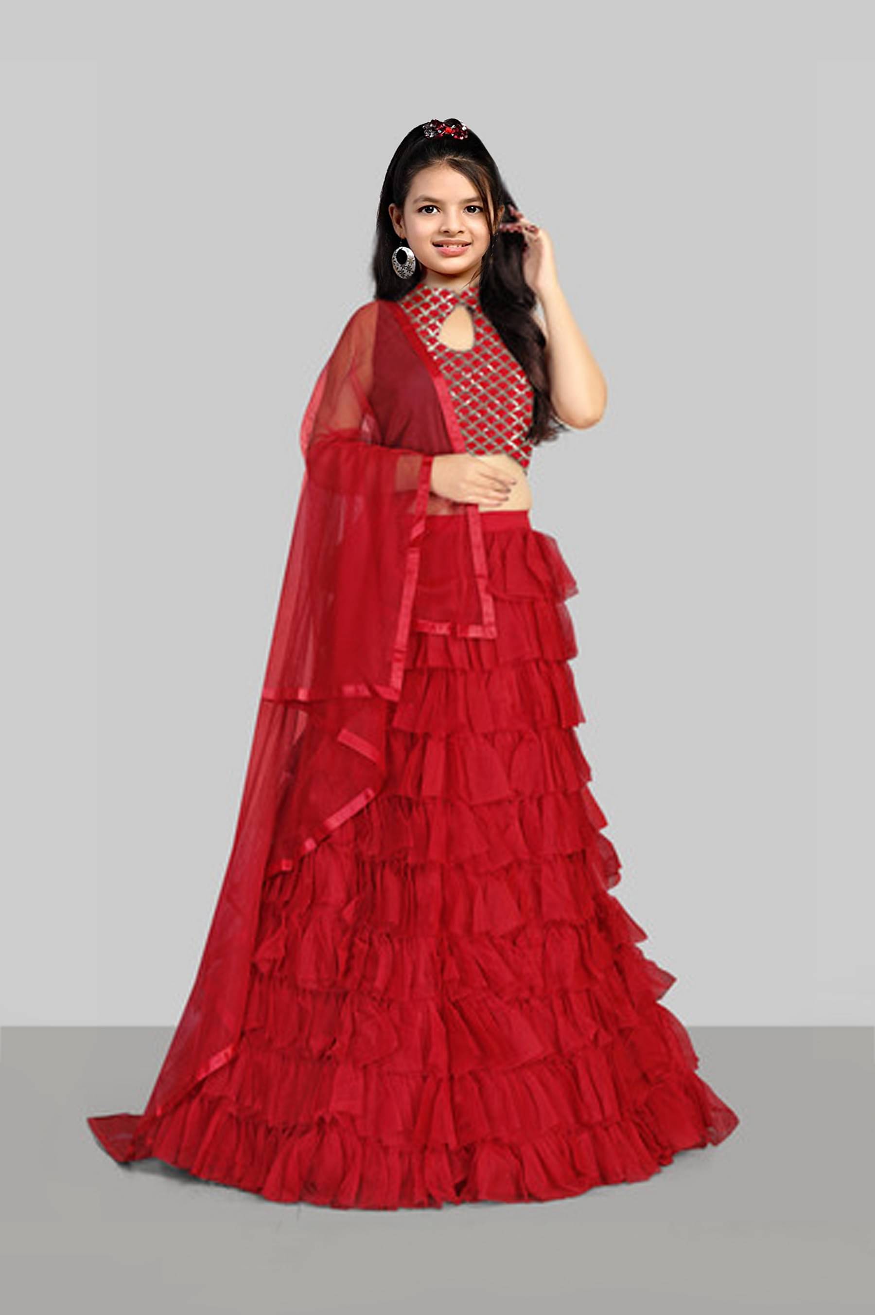     			D GLOBEMASTER Net Lehenga Choli Set For Girls ( Pack of 1 , Red )