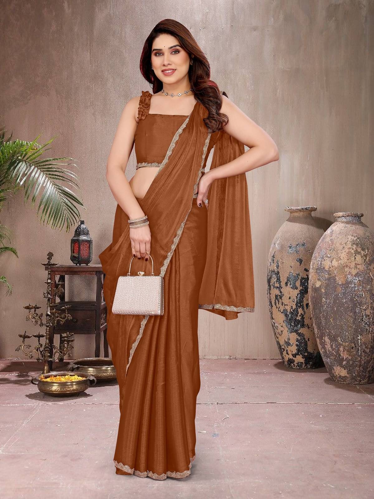    			Gazal Fashions Georgette Dyed Regular Saree With Unstitched Blouse Piece ( Brown )