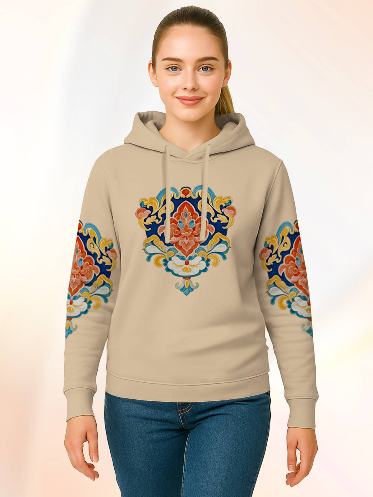 HELLCAT Women Cotton Blend Hooded Sweatshirt ( Beige ) HELLCAT Women Cotton Blend Hooded Sweatshirt ( Beige )