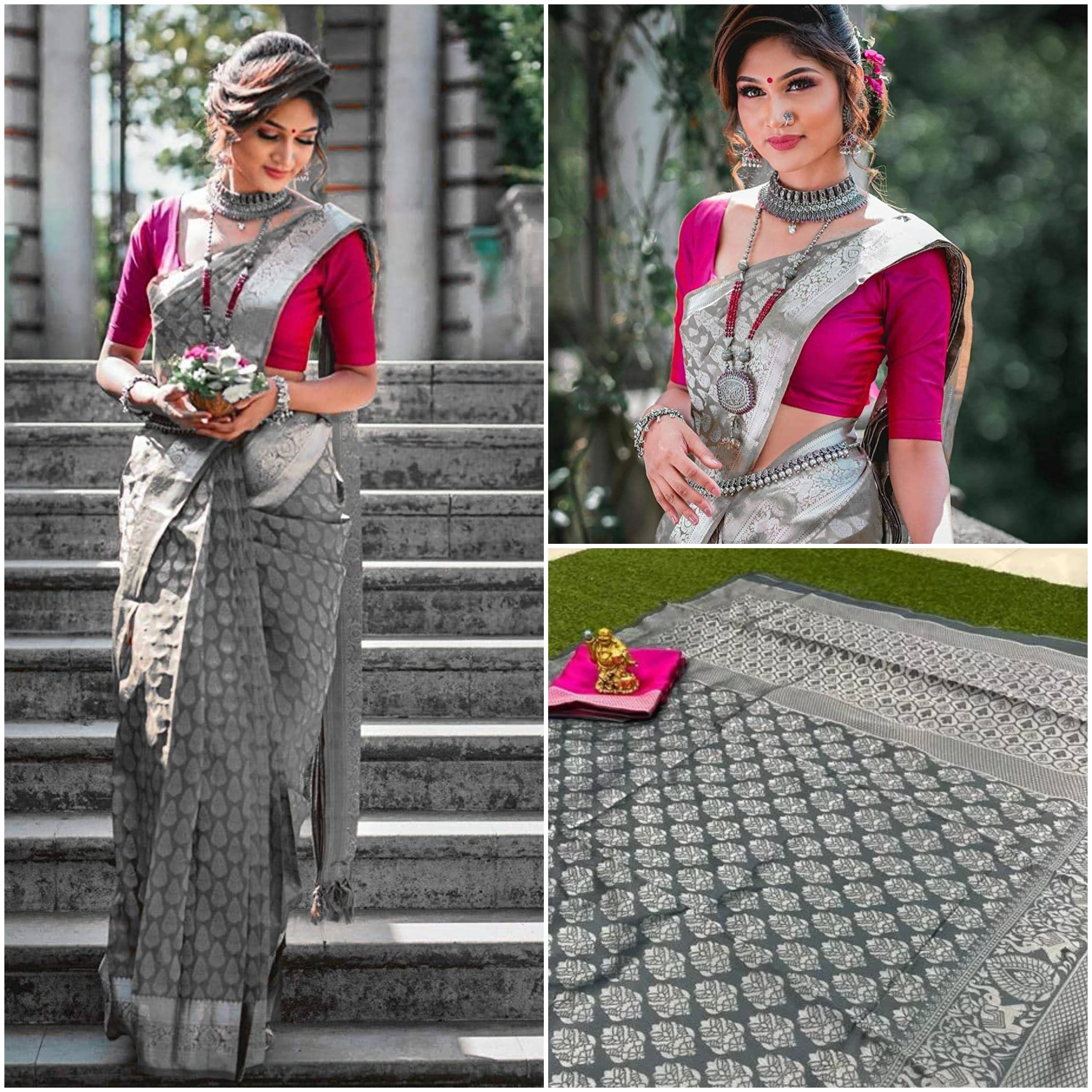     			INDIAN SILKS Linen Printed Banarasi saree With Unstitched Blouse Piece ( Grey )
