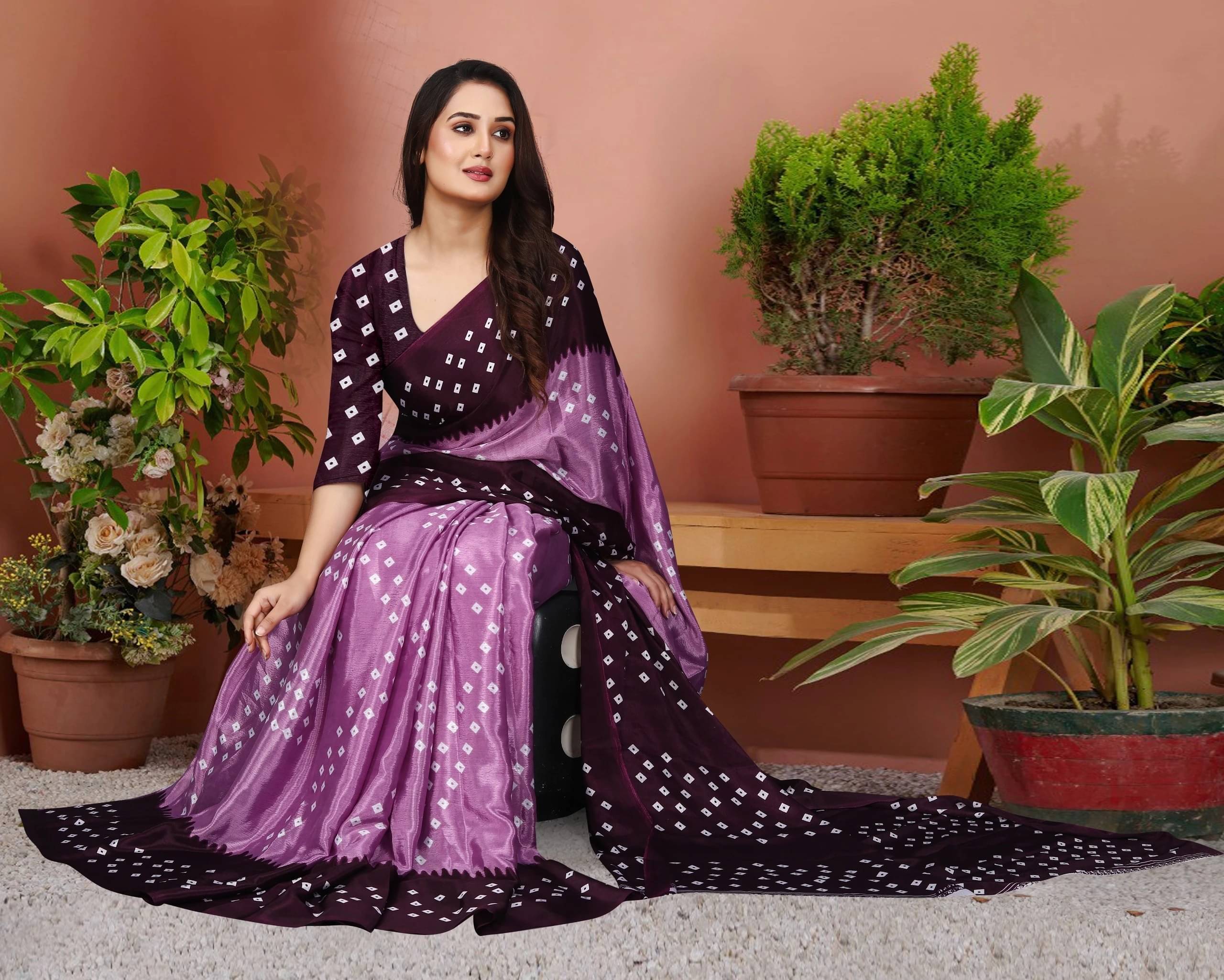 JIHANA FAB Chiffon Printed Bandhani Sarees With Unstitched Blouse Piece ( Purple )     			JIHANA FAB Chiffon Printed Bandhani Sarees With Unstitched Blouse Piece ( Purple )