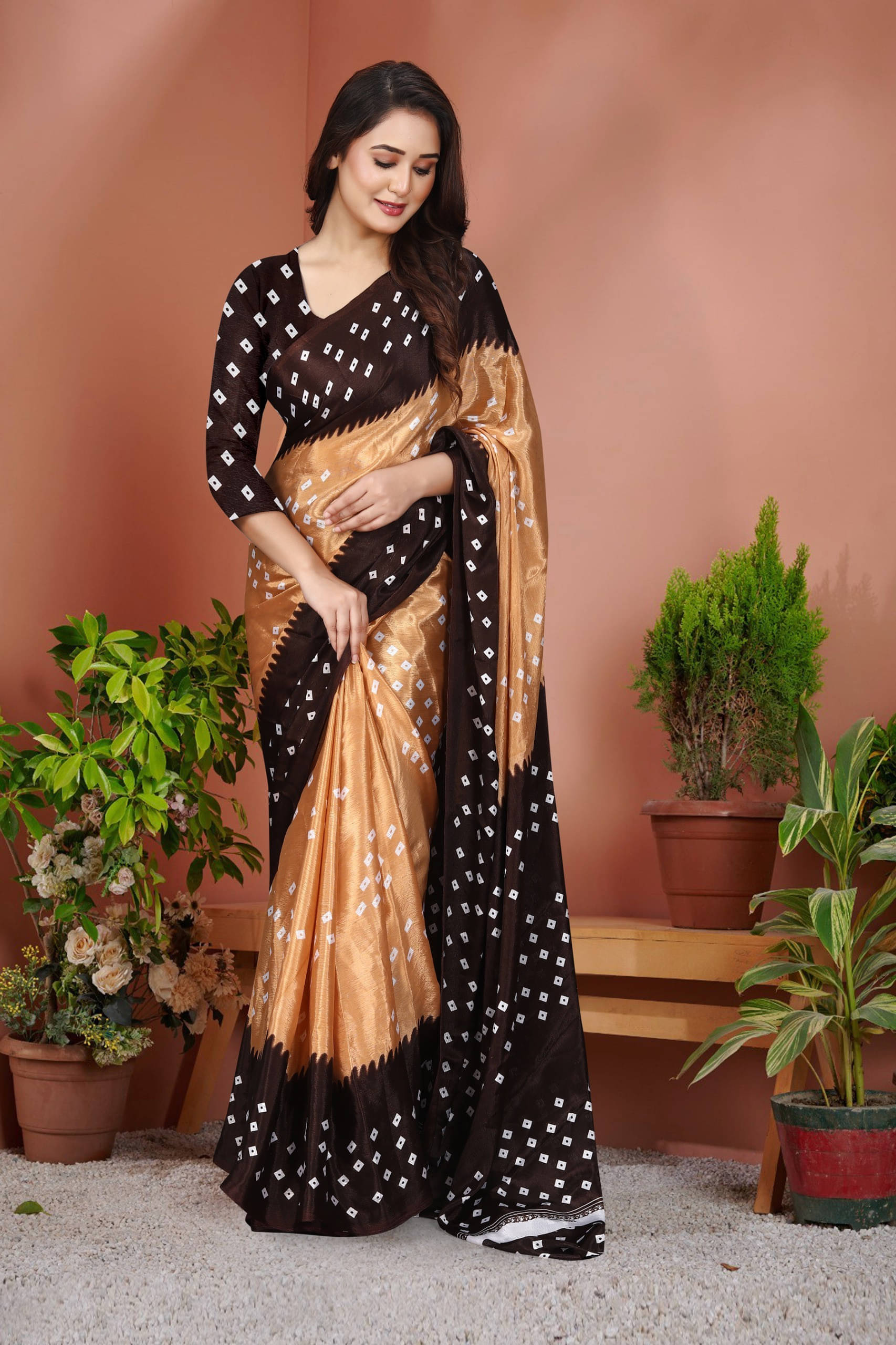     			JIHANA FAB Chiffon Printed Bandhani Sarees With Unstitched Blouse Piece ( Brown )