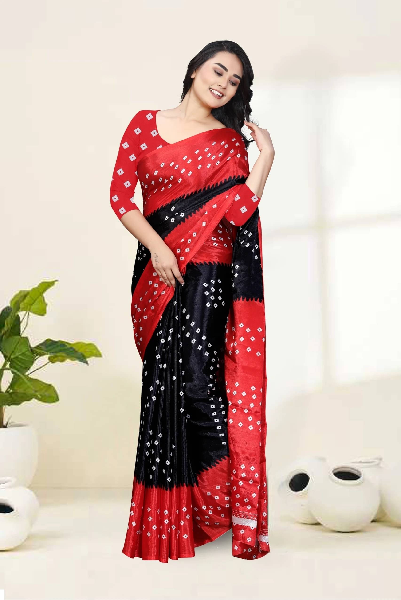 JIHANA FAB Chiffon Printed Bandhani Sarees With Unstitched Blouse Piece ( Black ) JIHANA FAB Chiffon Printed Bandhani Sarees With Unstitched Blouse Piece ( Black )