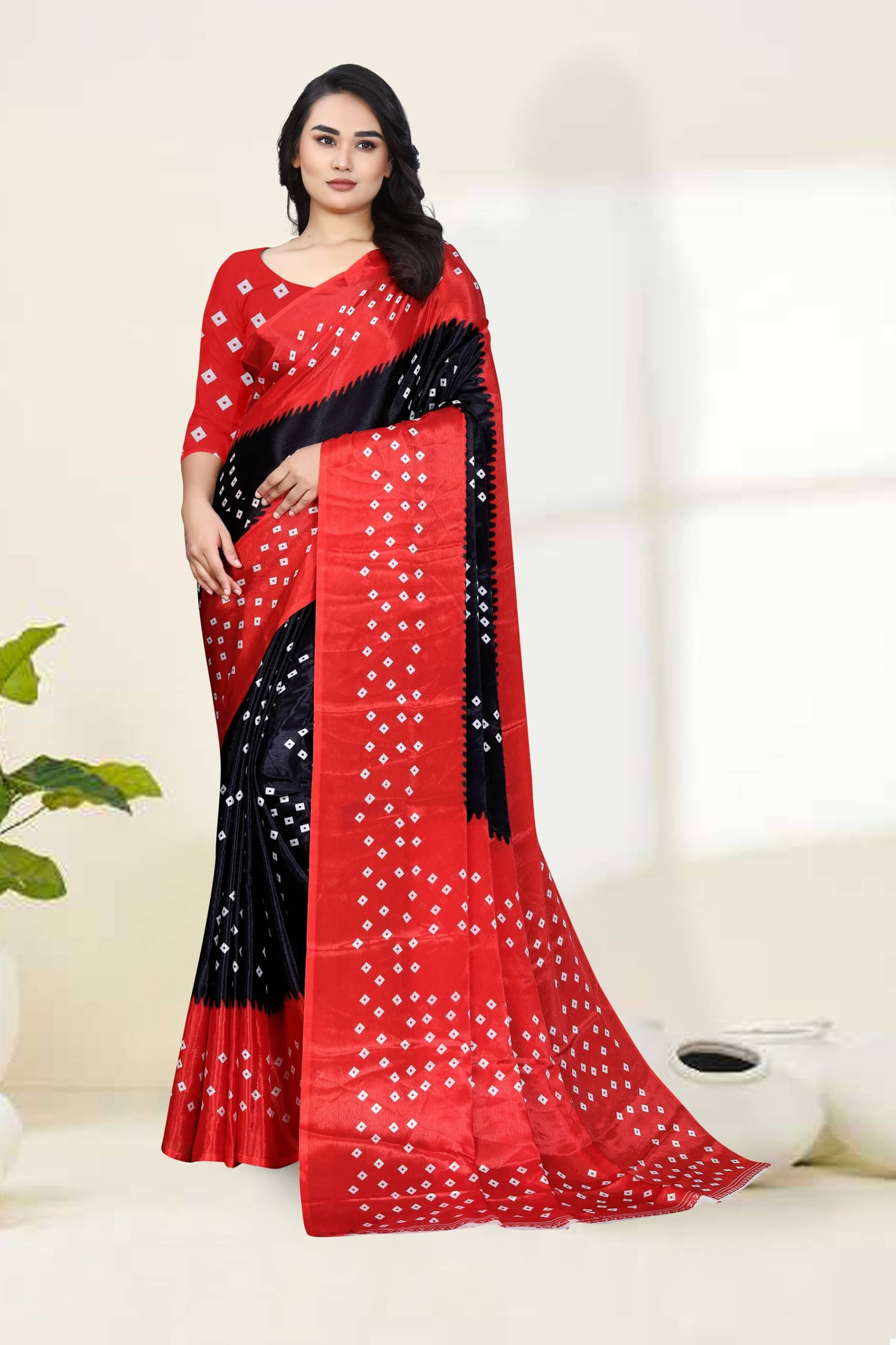     			JIHANA FAB Chiffon Printed Bandhani Sarees With Unstitched Blouse Piece ( Black )