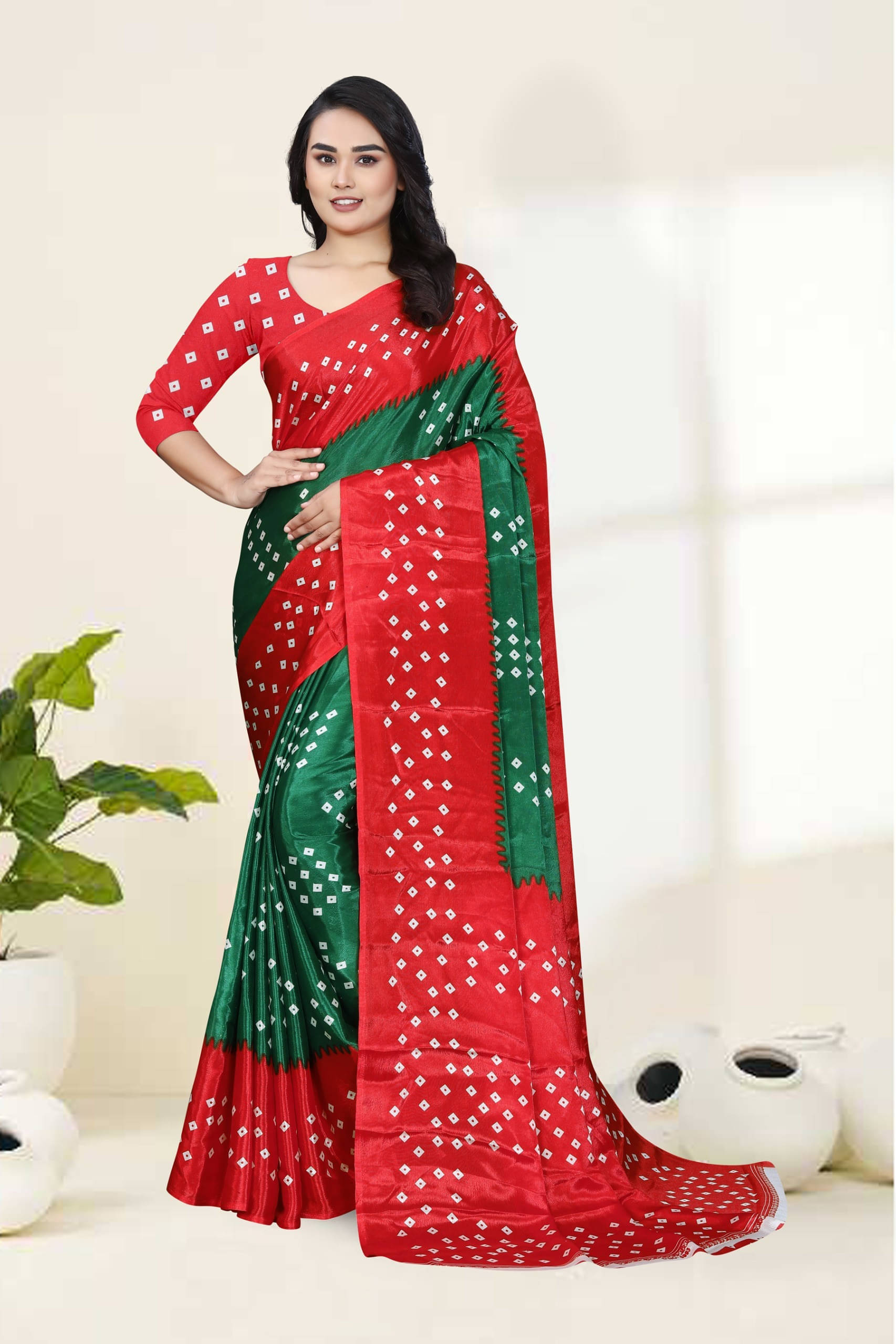     			JIHANA FAB Chiffon Printed Bandhani Sarees With Unstitched Blouse Piece ( Green )