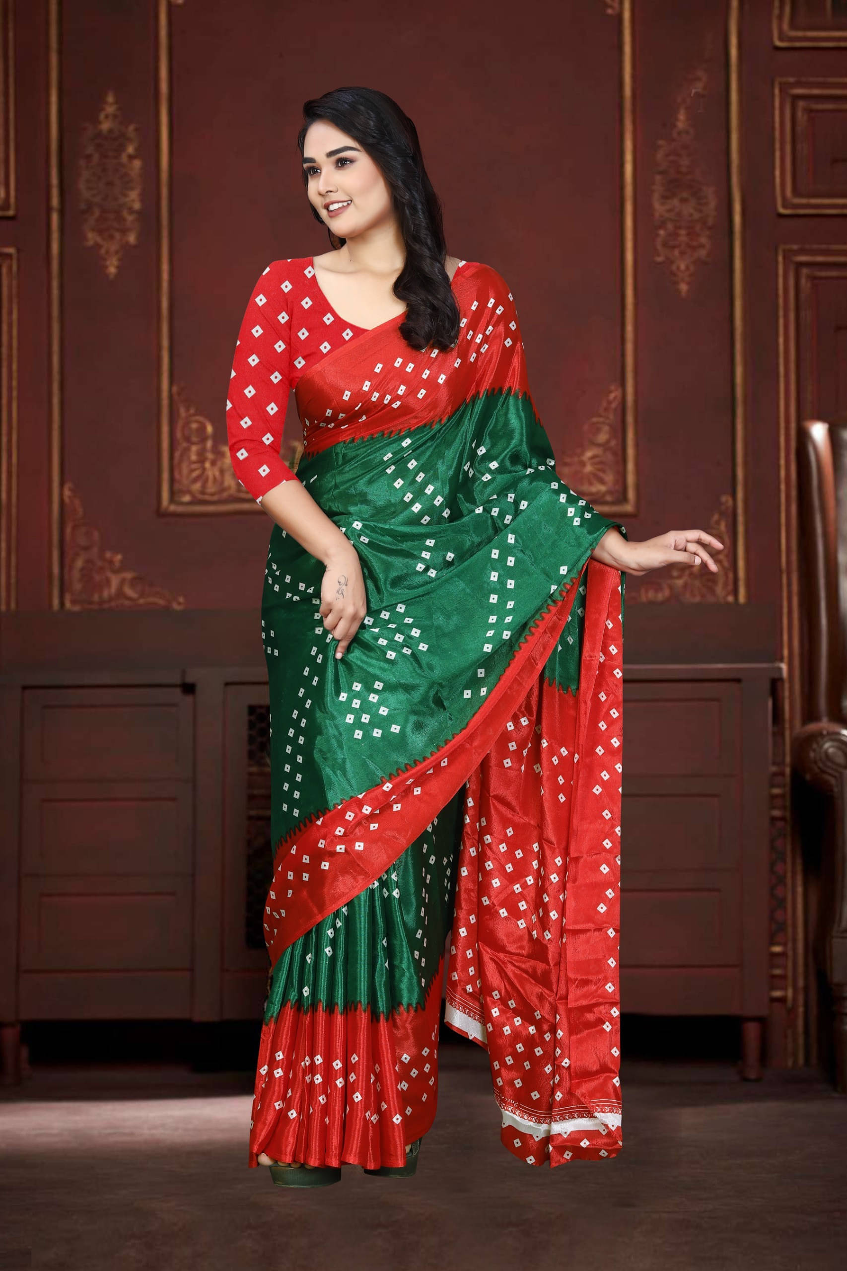 JIHANA FAB Georgette Printed Bandhani Sarees With Unstitched Blouse Piece ( Green ) JIHANA FAB Georgette Printed Bandhani Sarees With Unstitched Blouse Piece ( Green )