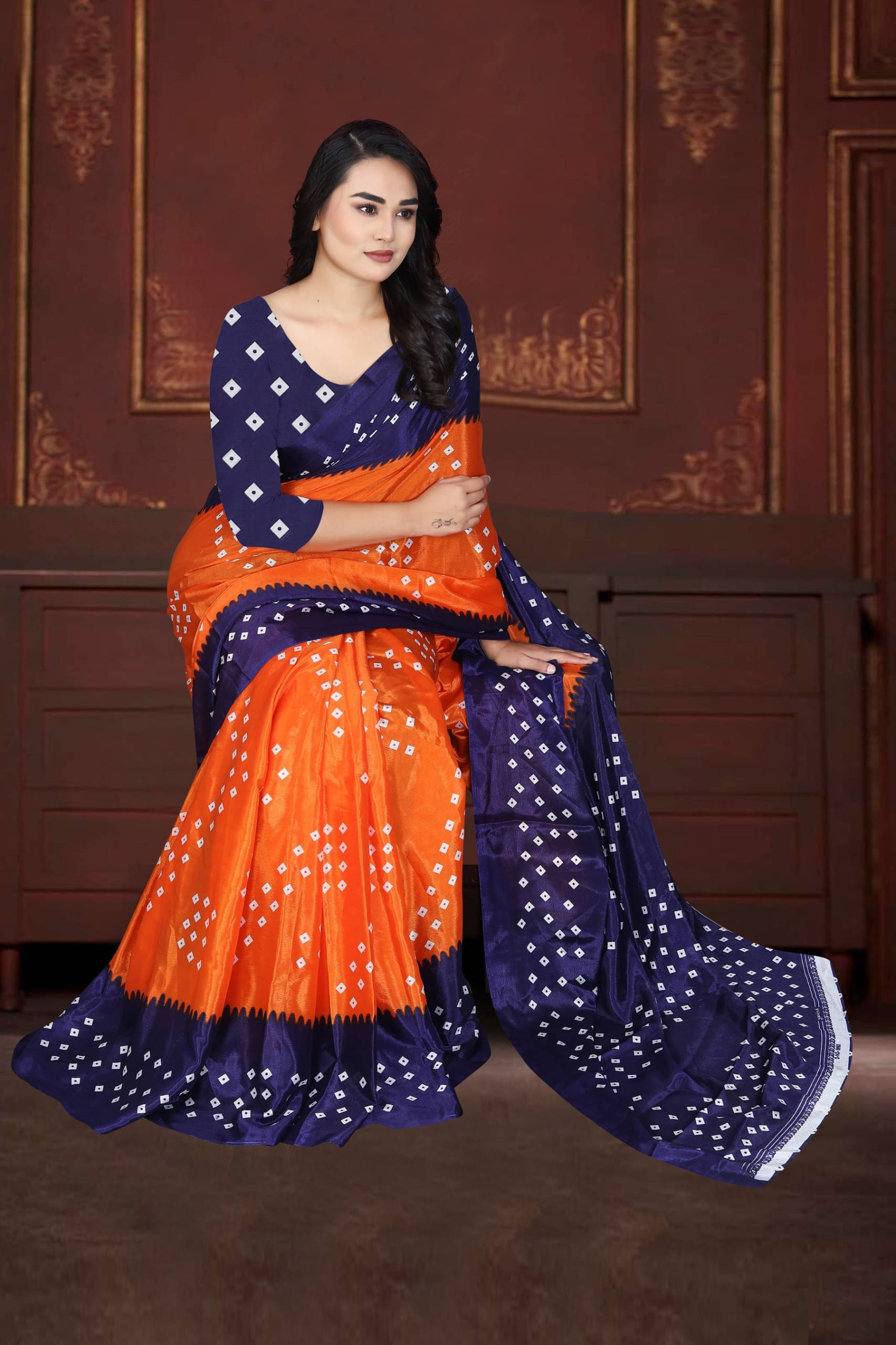 JIHANA FAB Georgette Printed Bandhani Sarees With Unstitched Blouse Piece ( Orange ) JIHANA FAB Georgette Printed Bandhani Sarees With Unstitched Blouse Piece ( Orange )