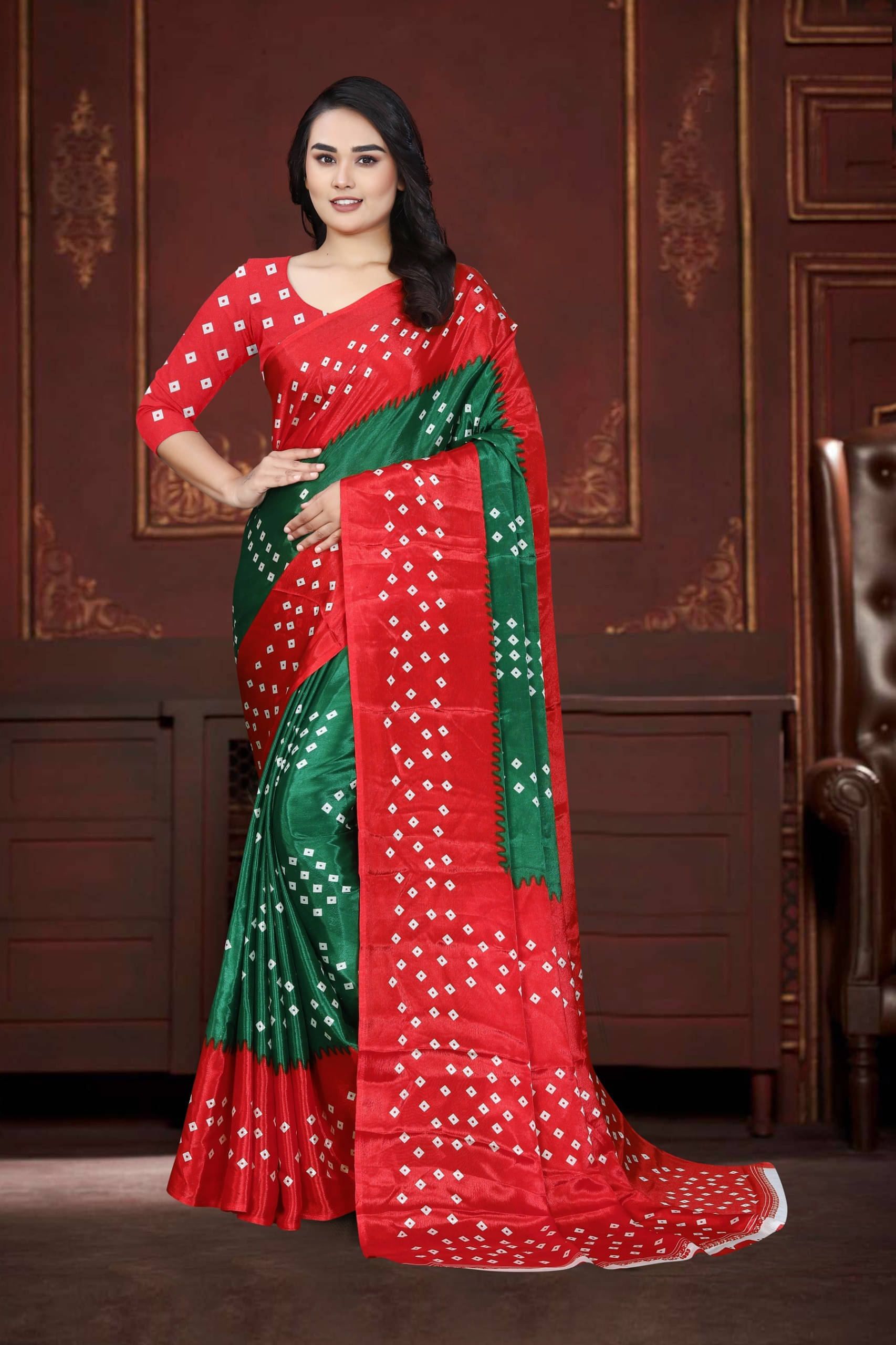     			JIHANA FAB Georgette Printed Bandhani Sarees With Unstitched Blouse Piece ( Green )