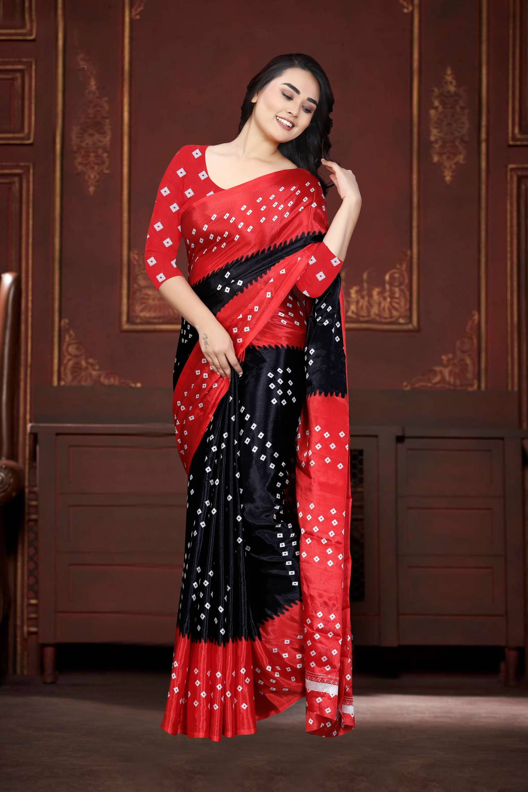     			JIHANA FAB Georgette Printed Bandhani Sarees With Unstitched Blouse Piece ( Black )