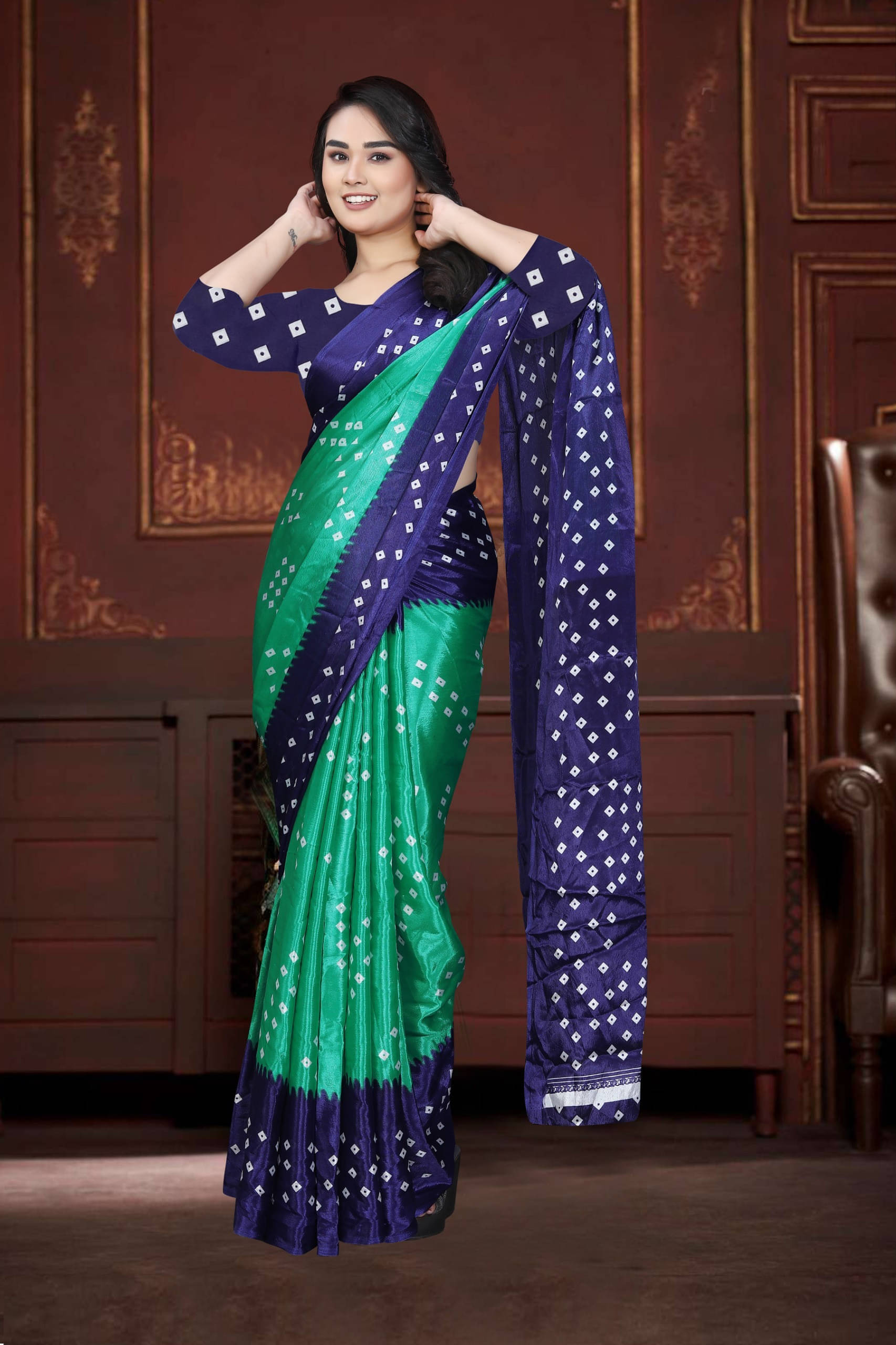     			JIHANA FAB Georgette Printed Bandhani Sarees With Unstitched Blouse Piece ( Blue )