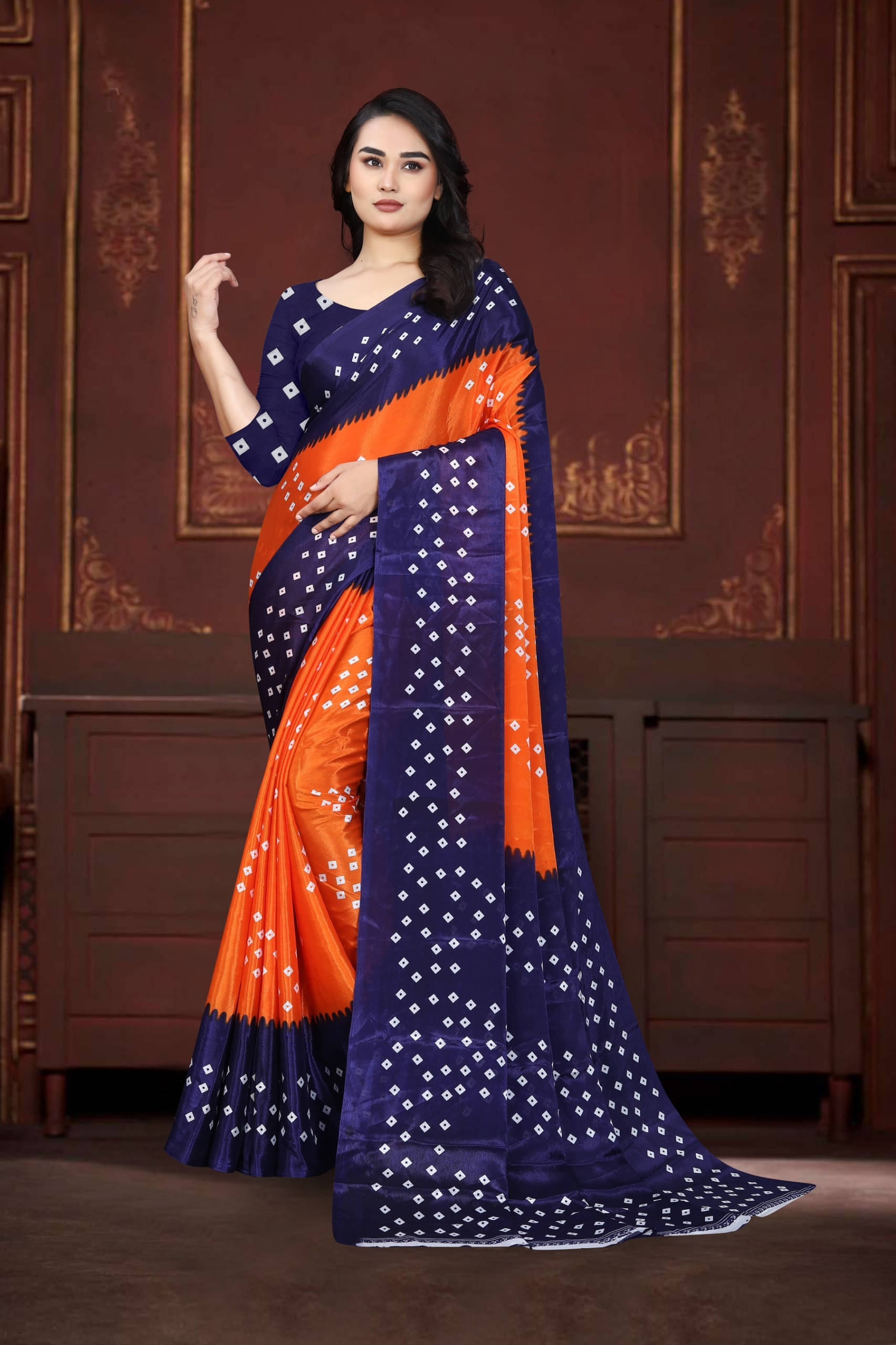 JIHANA FAB Georgette Printed Bandhani Sarees With Unstitched Blouse Piece ( Orange ) JIHANA FAB Georgette Printed Bandhani Sarees With Unstitched Blouse Piece ( Orange )