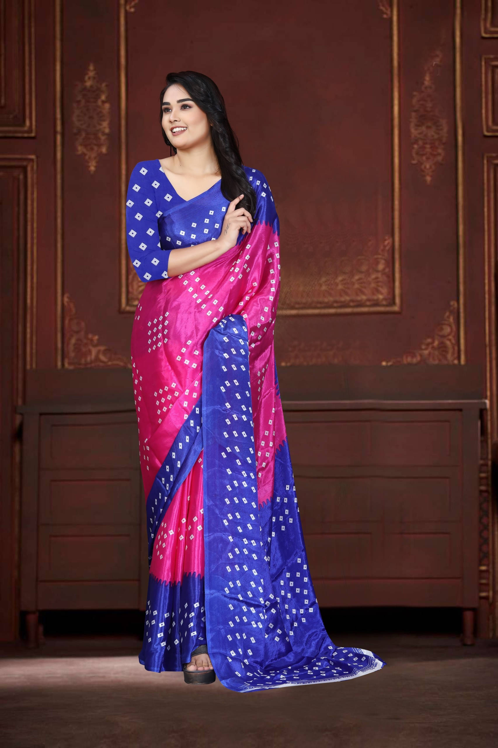 JIHANA FAB Georgette Printed Bandhani Sarees With Unstitched Blouse Piece ( Pink )     			JIHANA FAB Georgette Printed Bandhani Sarees With Unstitched Blouse Piece ( Pink )