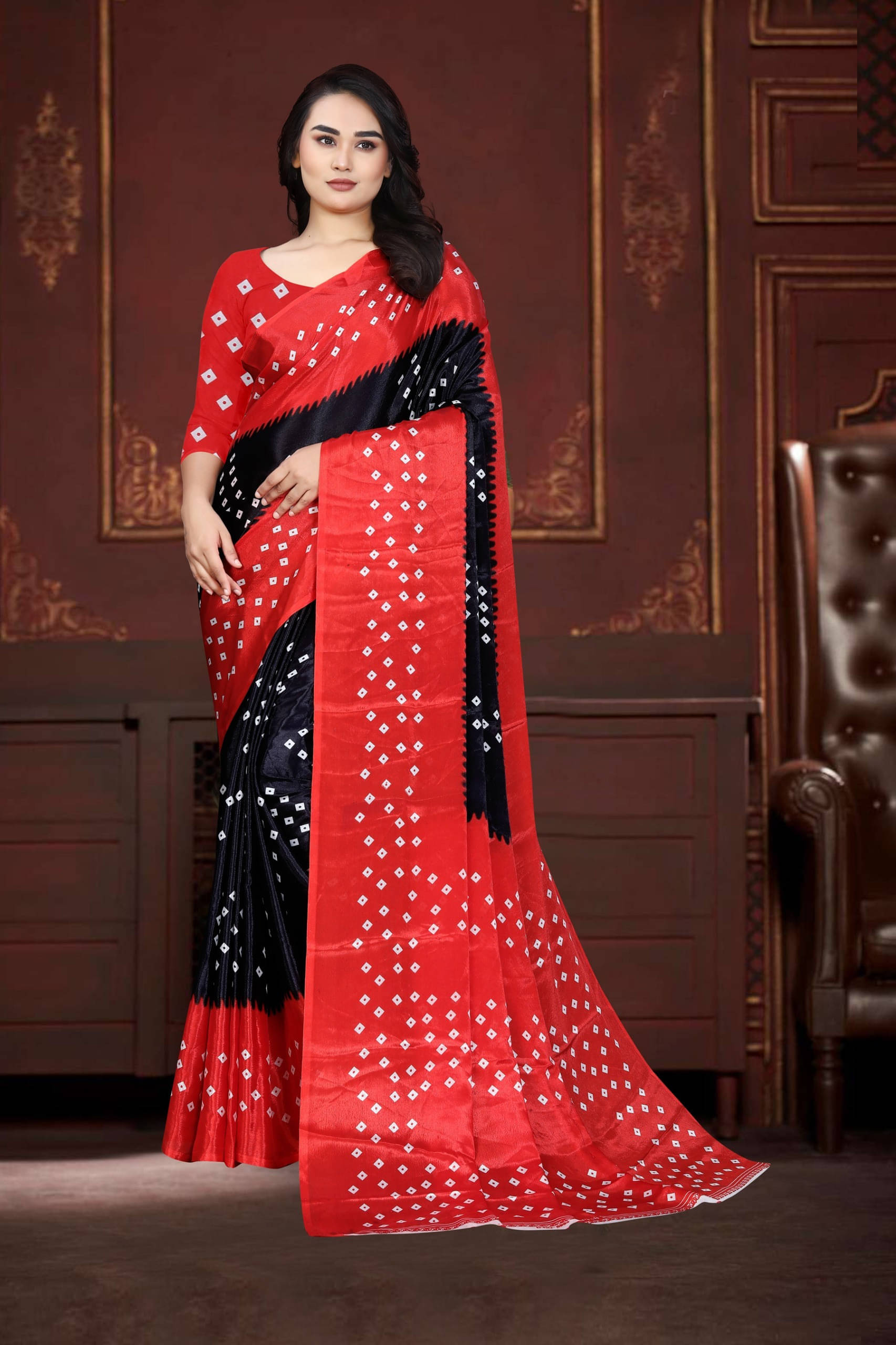 JIHANA FAB Georgette Printed Bandhani Sarees With Unstitched Blouse Piece ( Black ) JIHANA FAB Georgette Printed Bandhani Sarees With Unstitched Blouse Piece ( Black )