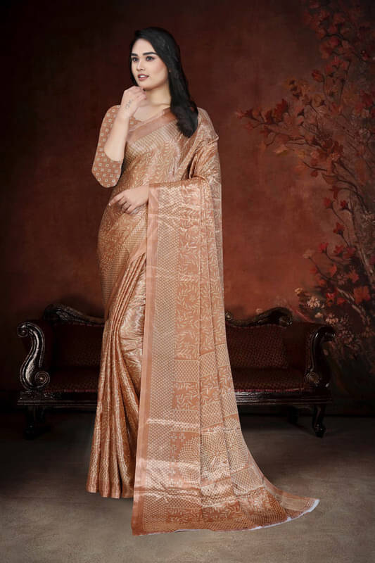    			JIHANA FAB Georgette Printed Regular Saree With Unstitched Blouse Piece ( Brown )