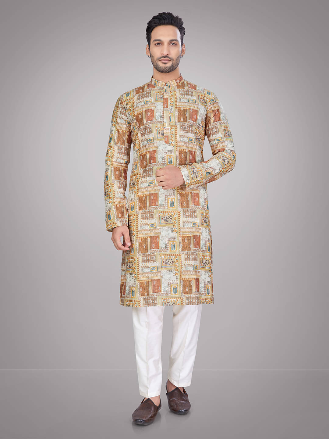     			JUGG JUGG JEEYO Beige Blended Fabric Regular Fit Men's Kurta Pyjama Set ( Pack of 1 )