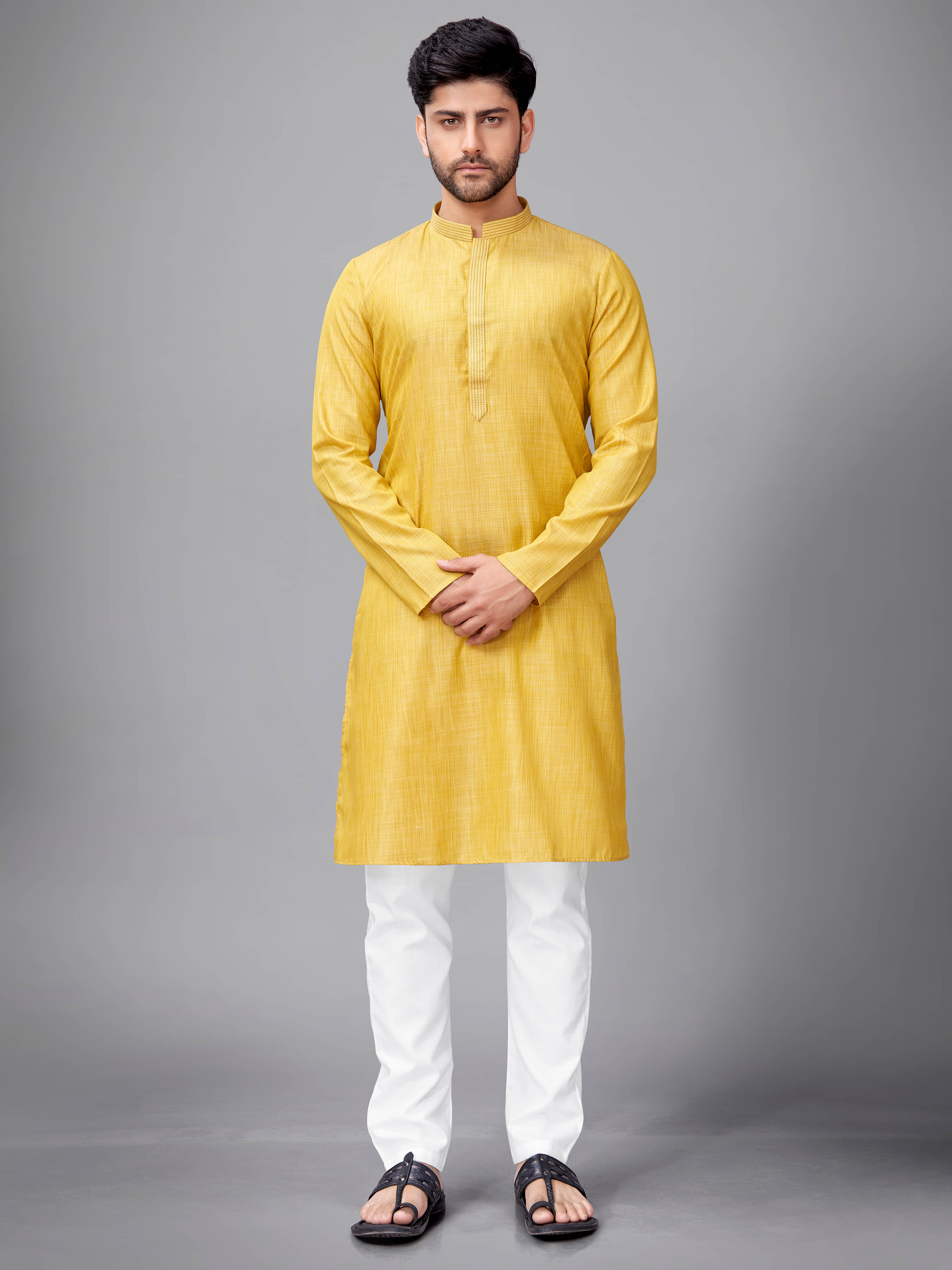     			JUGG JUGG JEEYO Yellow Blended Fabric Regular Fit Men's Kurta Pyjama Set ( Pack of 1 )