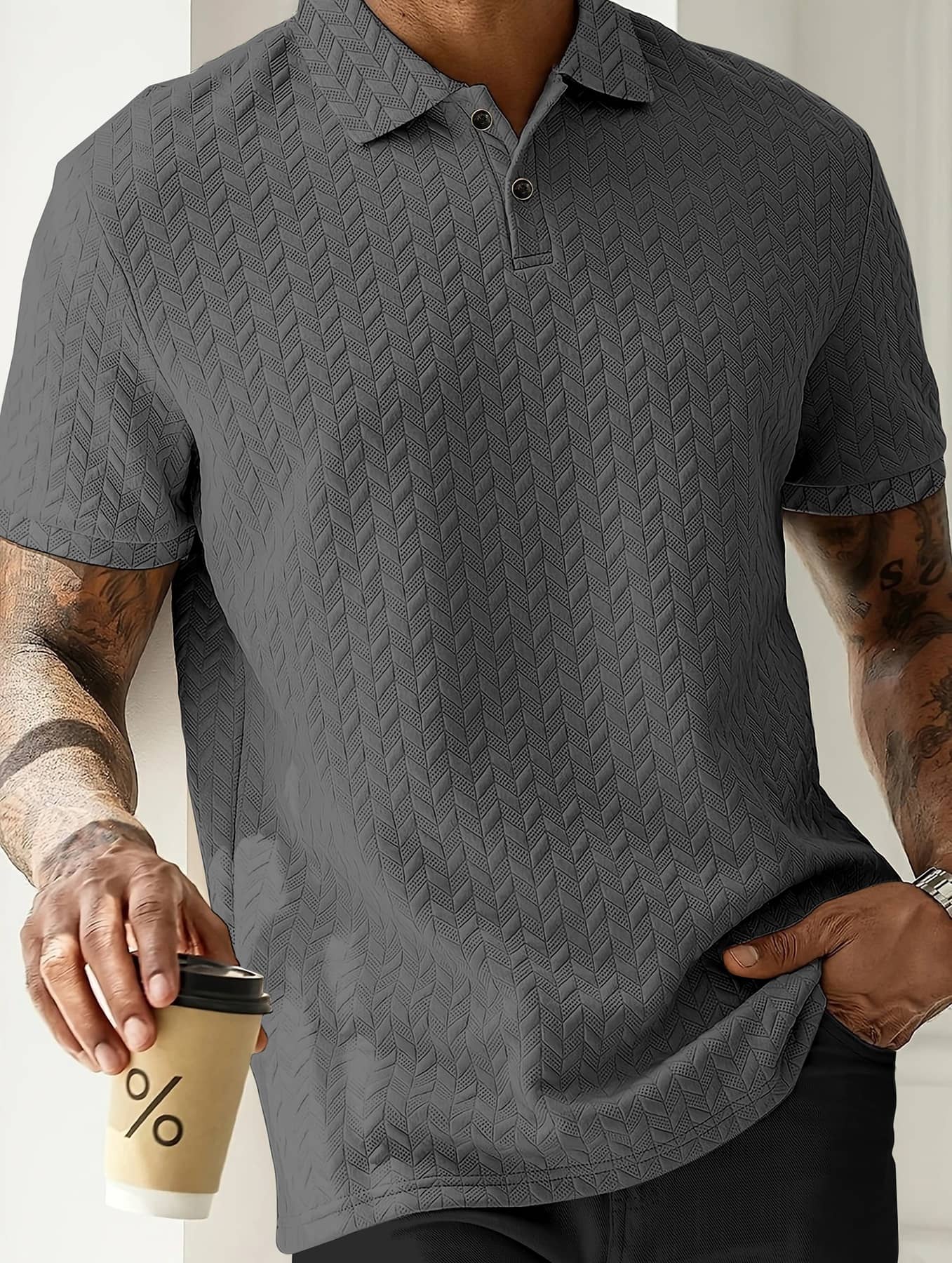 KAJARU Men Cotton Blend Regular Fit Self Design Polo T Shirt ( Grey )