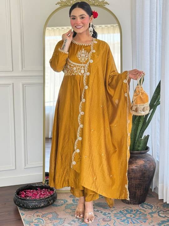     			KC Kunj Creation Women Silk Embroidered Anarkali Kurti With Pants ( Gold )