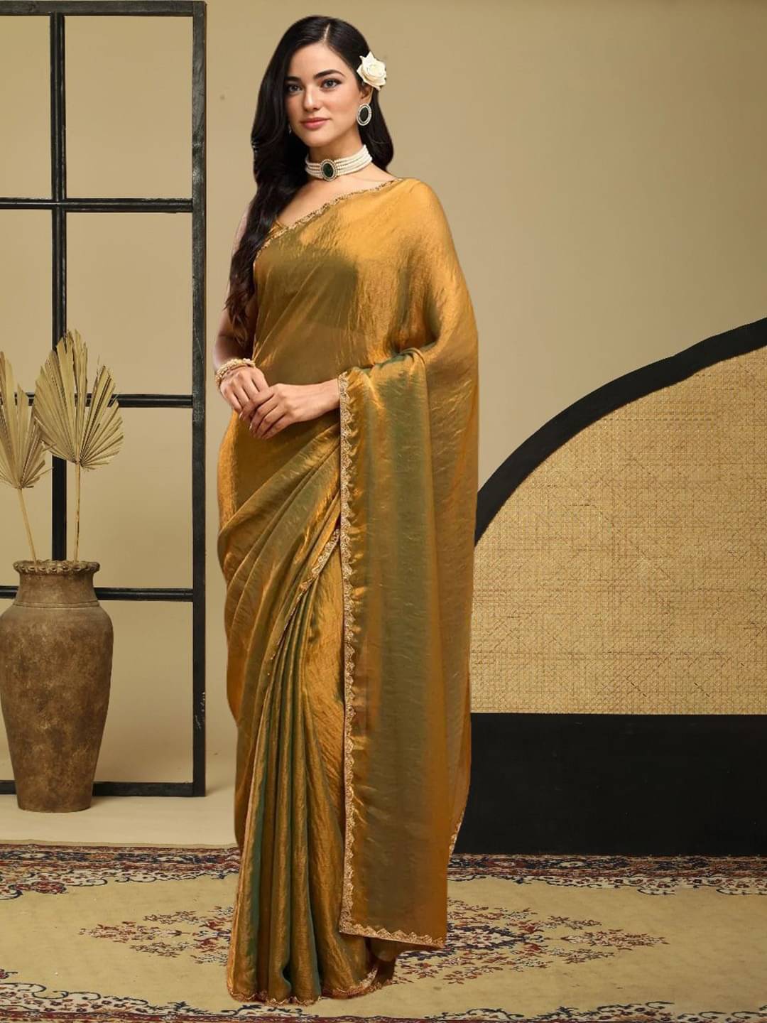     			KV Fashion Chiffon Solid Regular Saree With Unstitched Blouse Piece ( Gold )