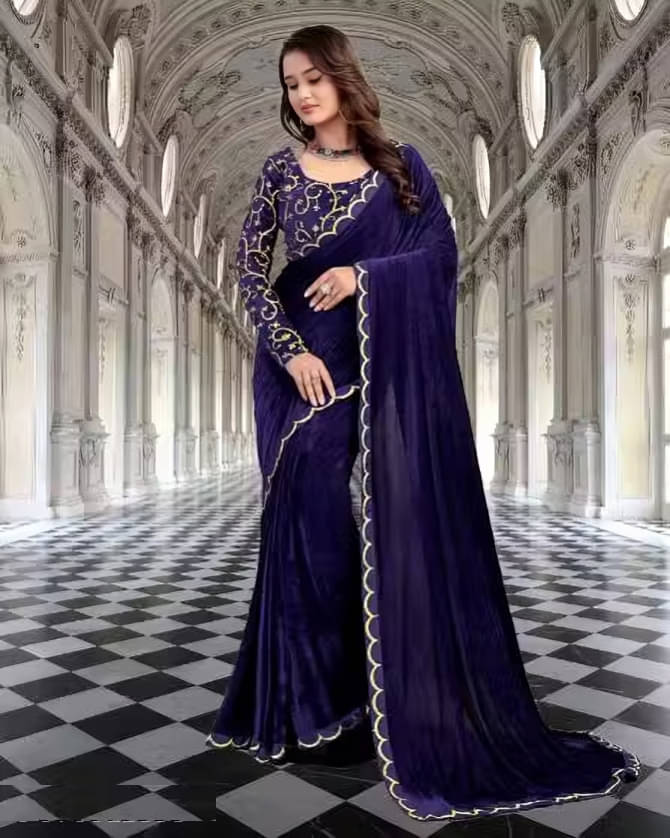 KV Fashion Velvet Solid Regular Saree With Unstitched Blouse Piece ( Navy Blue )     			KV Fashion Velvet Solid Regular Saree With Unstitched Blouse Piece ( Navy Blue )