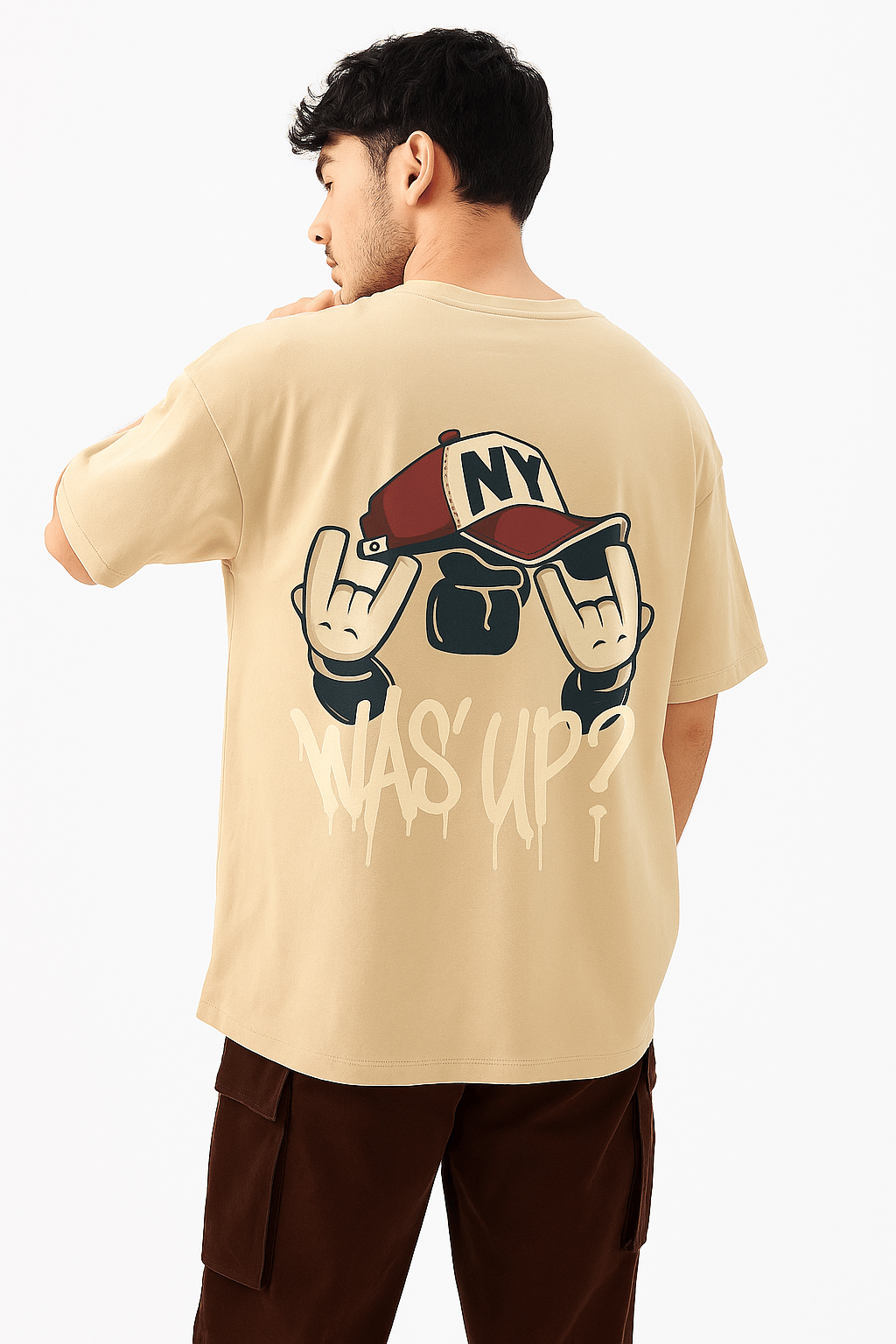     			Kanhuzzz Men Cotton Oversized Fit Printed T-Shirt ( Beige )