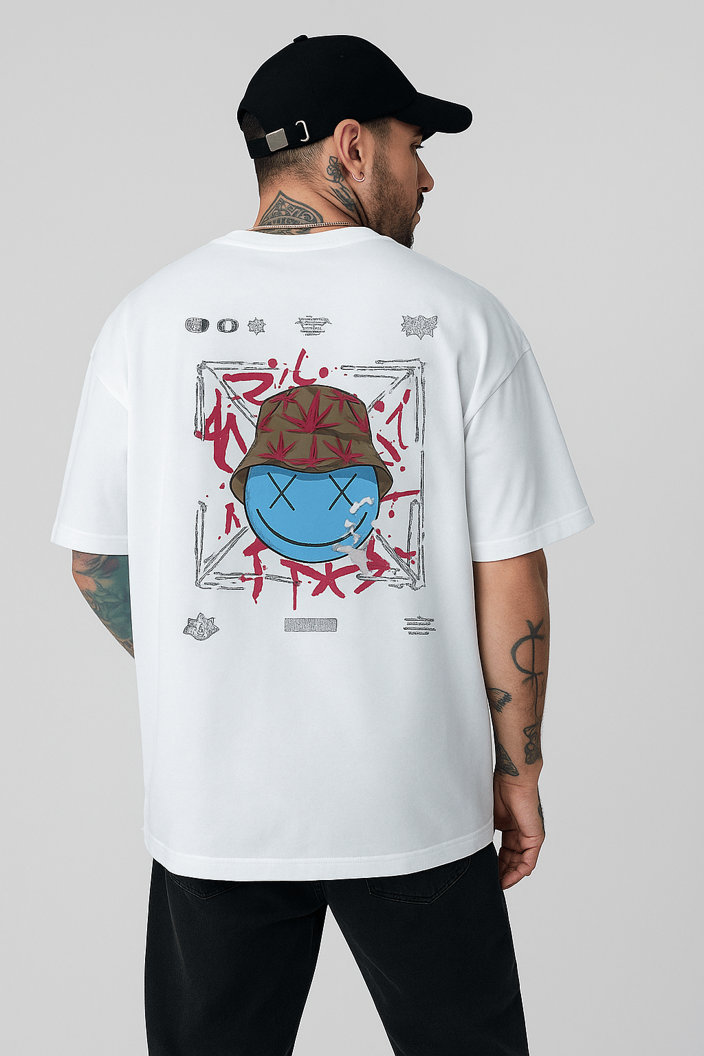     			Kanhuzzz Men Cotton Oversized Fit Printed T-Shirt ( White )