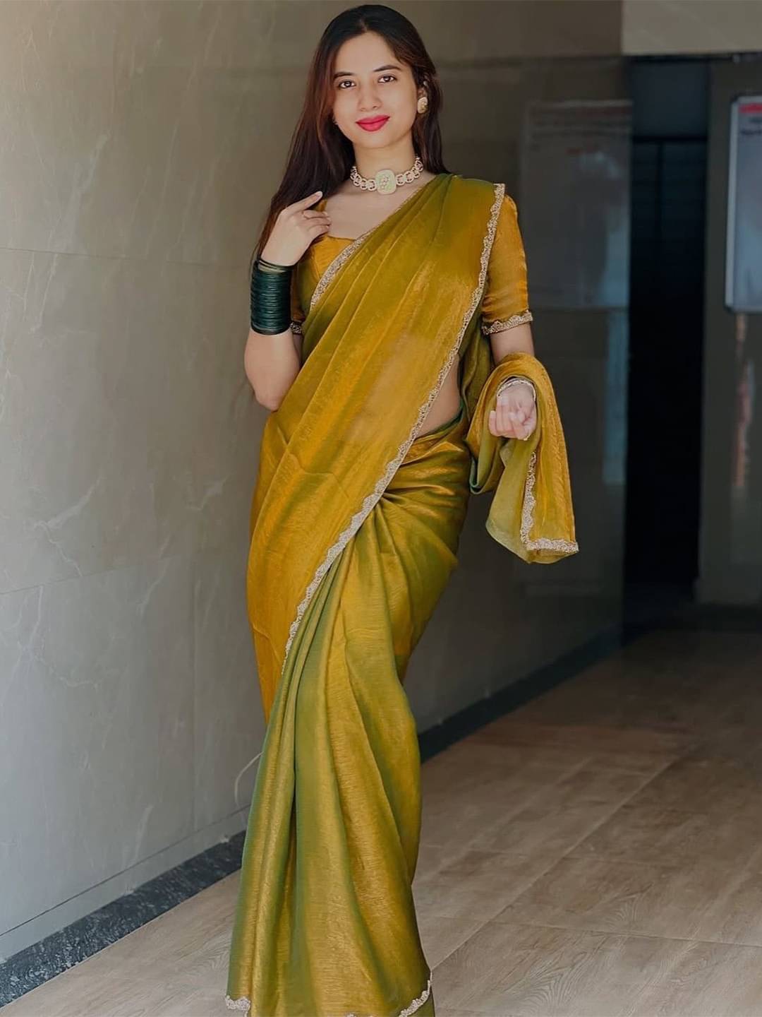 Lady Shopi Chiffon Solid Regular Saree With Unstitched Blouse Piece ( Gold ) Lady Shopi Chiffon Solid Regular Saree With Unstitched Blouse Piece ( Gold )