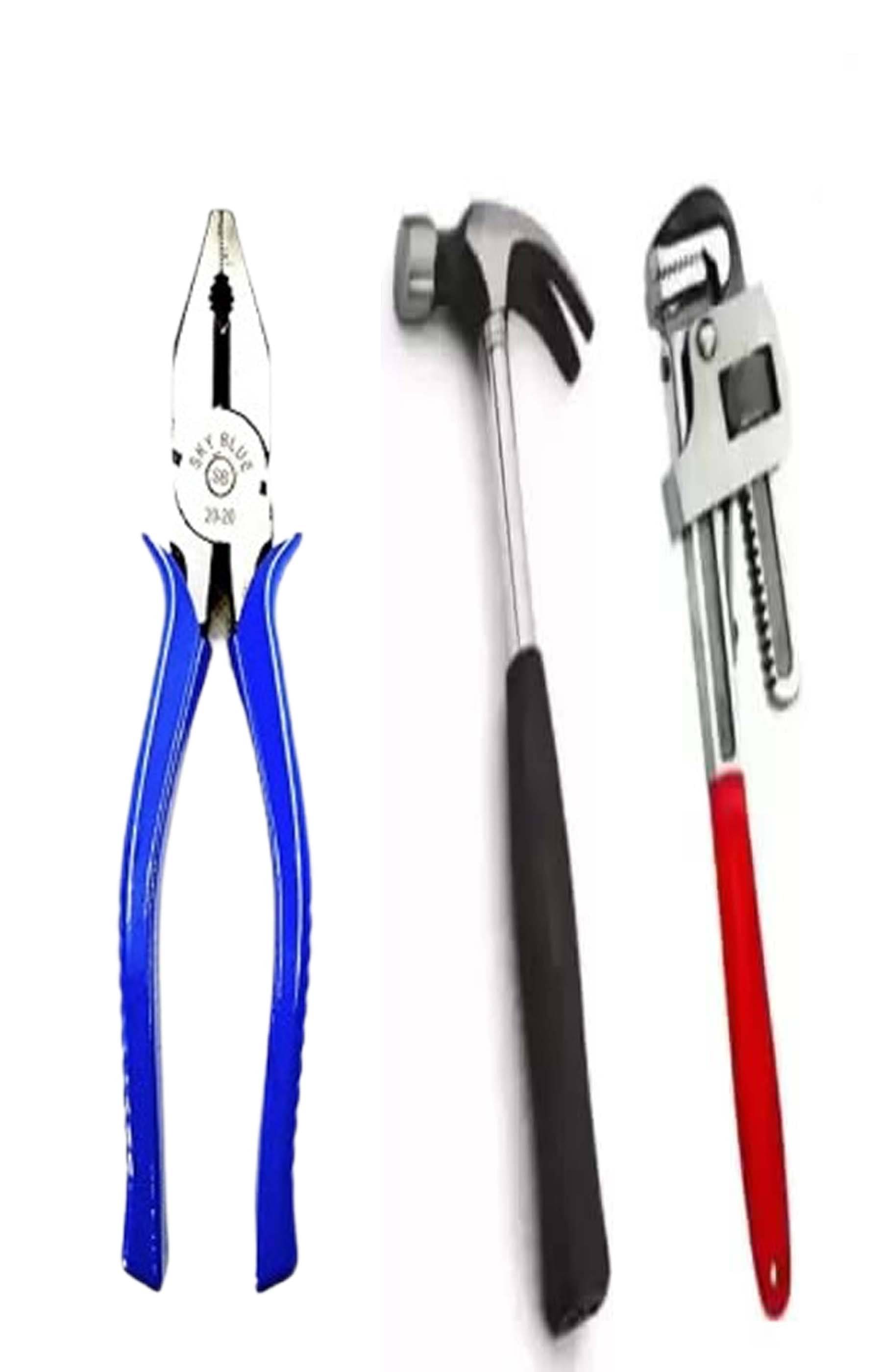     			MS AGROTECH 3-Piece Hand Tool Set – Combination Plier, Claw Hammer & Pipe Wrench for Electrical, Plumbing & Home Repair | Durable & Ergonomic Grip | Multipurpose Toolkit