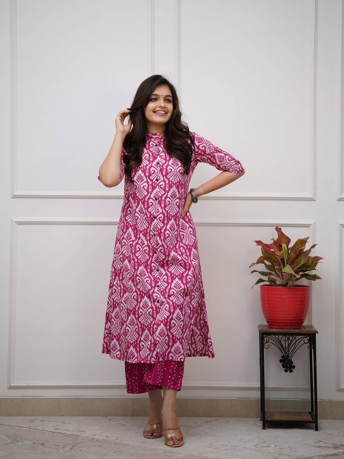 Mahek Fashion Women Cotton Printed A-line Kurti With Pants ( Pink )