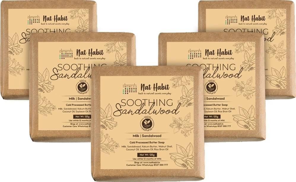 Nat Habit Soothing Sandalwood Soap - Exfoliates, Brightens Skin & Reduces Fine Lines (5 x 125 g) Nat Habit Soothing Sandalwood Soap - Exfoliates, Brightens Skin & Reduces Fine Lines (5 x 125 g)