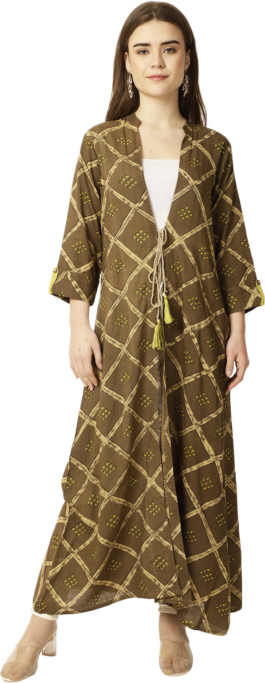    			Rue Collection Women Cotton Printed Long Shrug ( Brown )