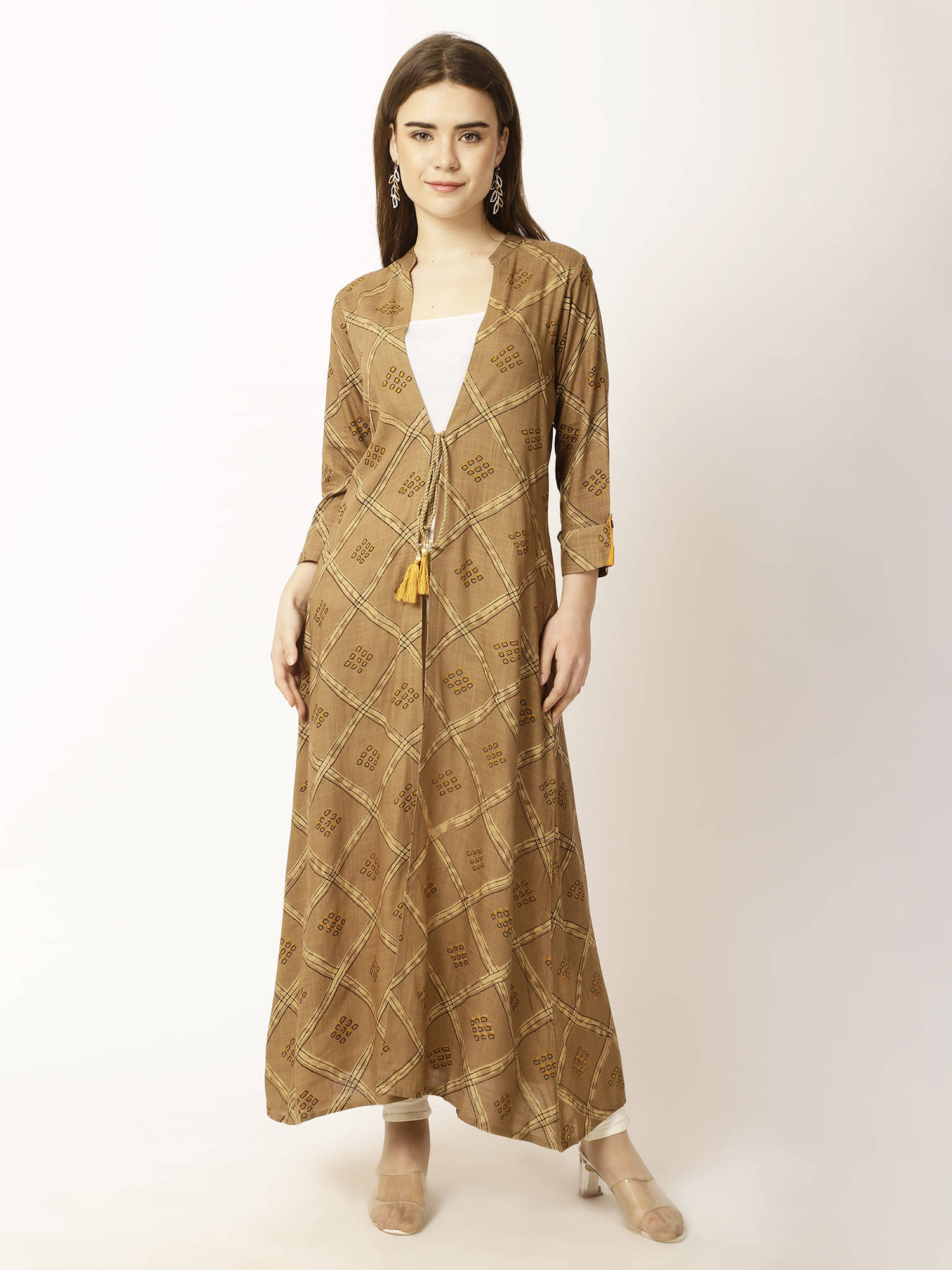    			Rue Collection Women Cotton Printed Long Shrug ( Brown )