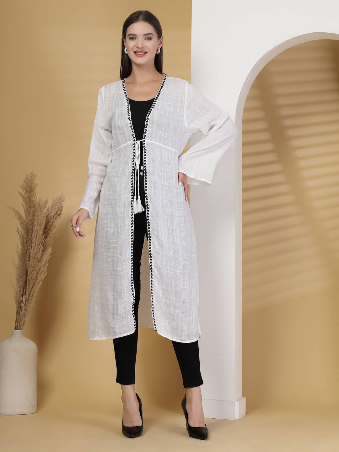     			Rue Collection Women Cotton Solid Long Shrug ( White )