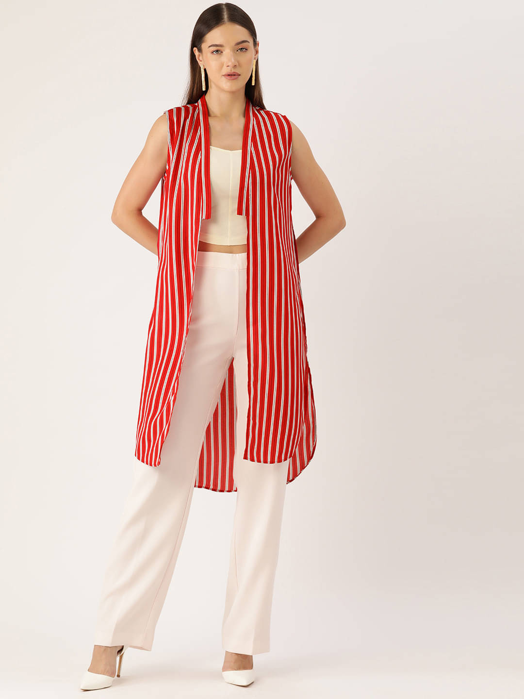     			Rue Collection Women Polyester Blend Striped Long Shrug ( Red )
